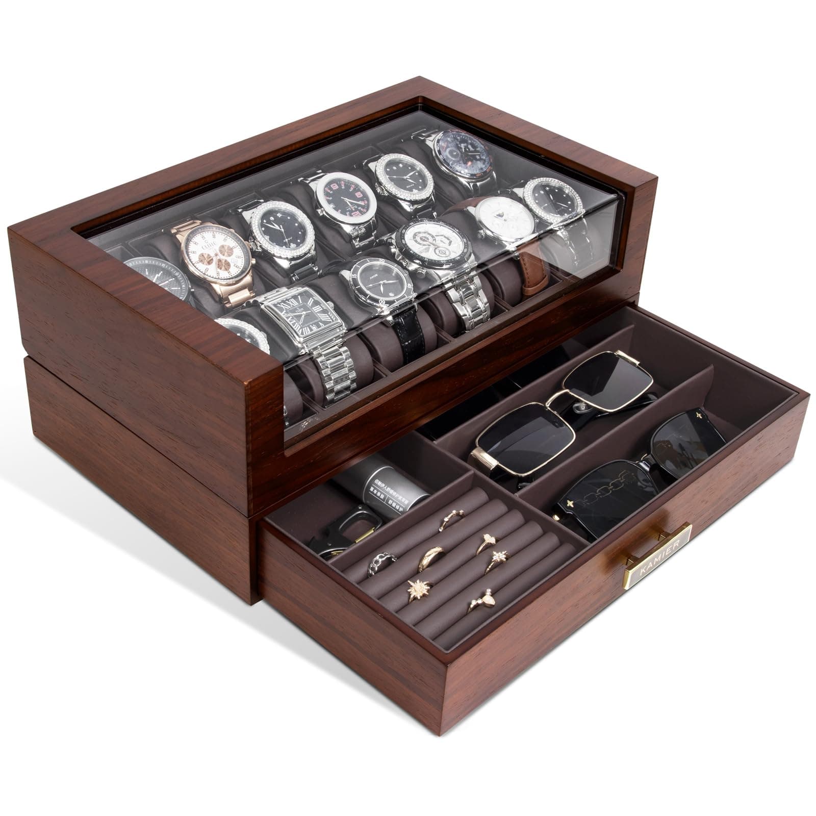 KAMIER High End Watch Box for Men, 12 Slot Wooden Watch Case With Drawer, Watch Display Box with Lid, 2-Layer Watch Holder for Jewelry and Watch Storage for Men Women, Ideal for Gift (With Gift Box)
