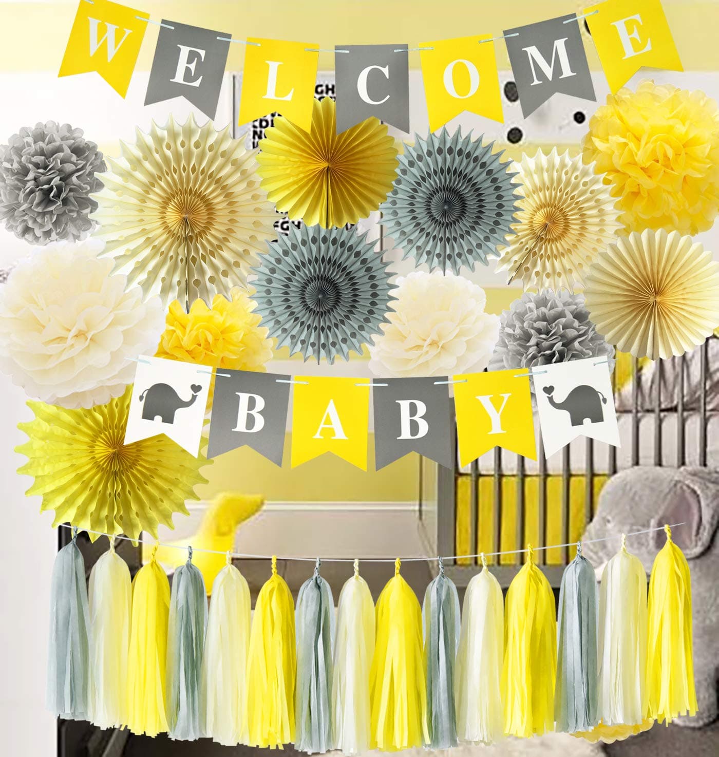 Yellow Baby Shower Decorations Neutral Yellow Grey Elephant Baby Shower Decorations Gray Yellow Nursery Decor Welcome Baby Banner /Gender Neutral Baby Decor