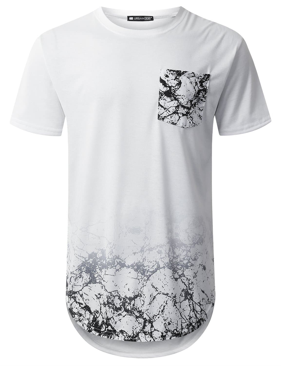 URBANTOPS Mens Hipster Hip Hop Crack Graphic Pocket Longline T-Shirt White, S