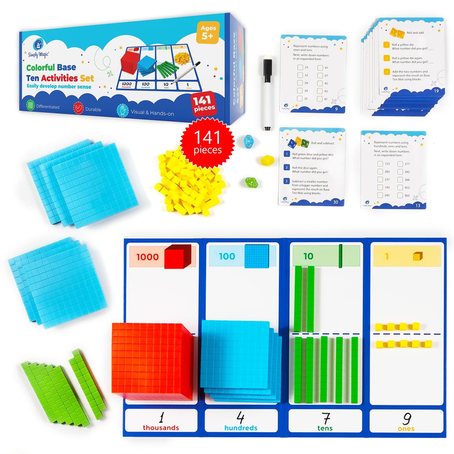 140+1 PCS Colorful Base Ten Blocks & Activities Set - Base Ten Blocks Classroom Set, Base 10 Math Manipulatives, Place Value Blocks Mat, Ones Tens Hundreds Blocks, Math Counters Cubes