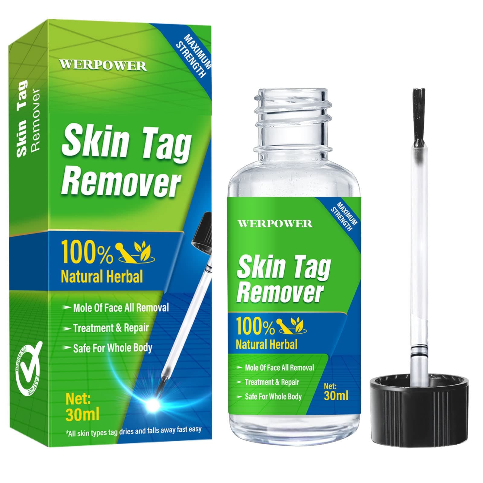 WERPOWER Skin-Tag-Remover-Highly-Effective & Extra Strength Wart-and-Mole-Remover and Corrector, Skin Tag Remover Liquid, Suitable for Face and Body, Green2, 30 millilitre
