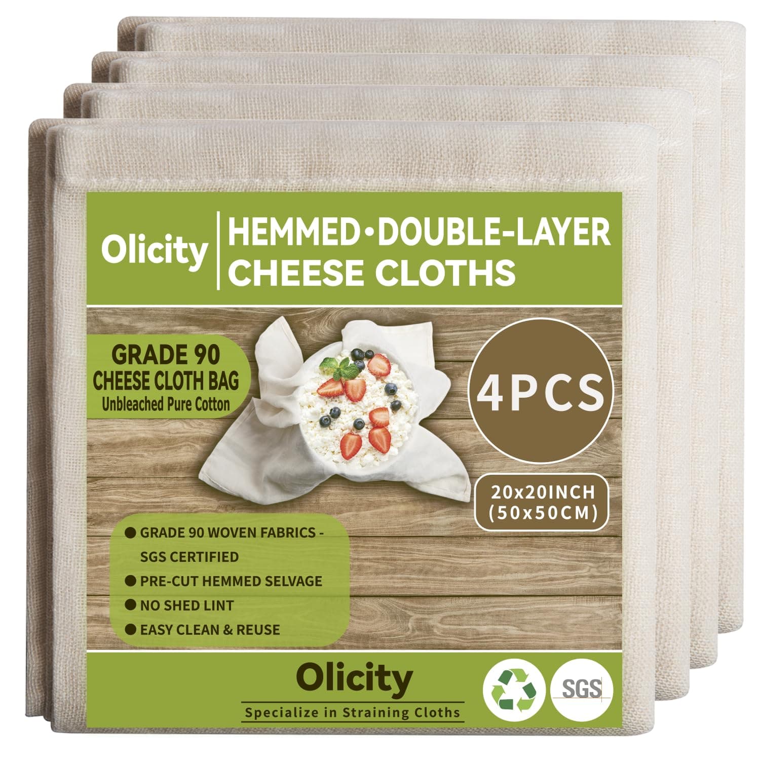 Olicity Cheese Cloths, 4Pack, Double-Layer, 20x20Inch, Reusable Grade 90 Cheese Cloth Bag for Straining, Hemmed Unbleached Cotton Precut Fine Mesh Muslin Cheesecloth for Brew, Jelly, Yogurt