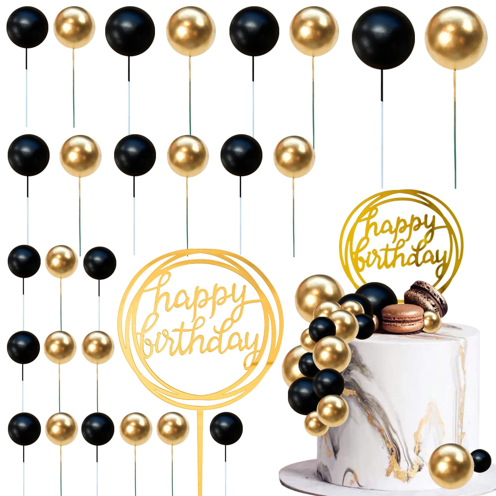 Colorful Balls Cake Topper Pearl Balls Cake Topper Happy Birthday Cake Insert Pick DIY Pile Up Insert for Wedding Birthday Party Baby Shower Cake Decoration (Black and Gold)