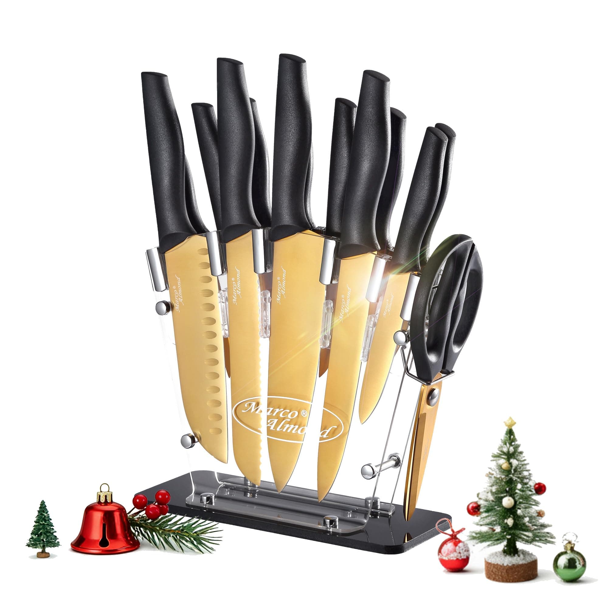 Marco Almond® Gold Knife Set With Block KYA23, 14 Pieces Stainless Steel Chef Cutlery Knives Set for Kitchen with Acrylic Stand