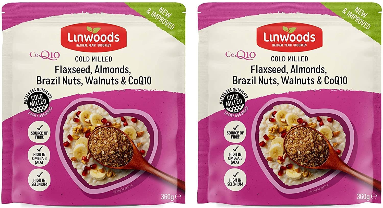 Linwoods Milled Flaxseed, Almonds, Brazil Nuts, Walnuts and Co-q10 360g (Pack of 2)