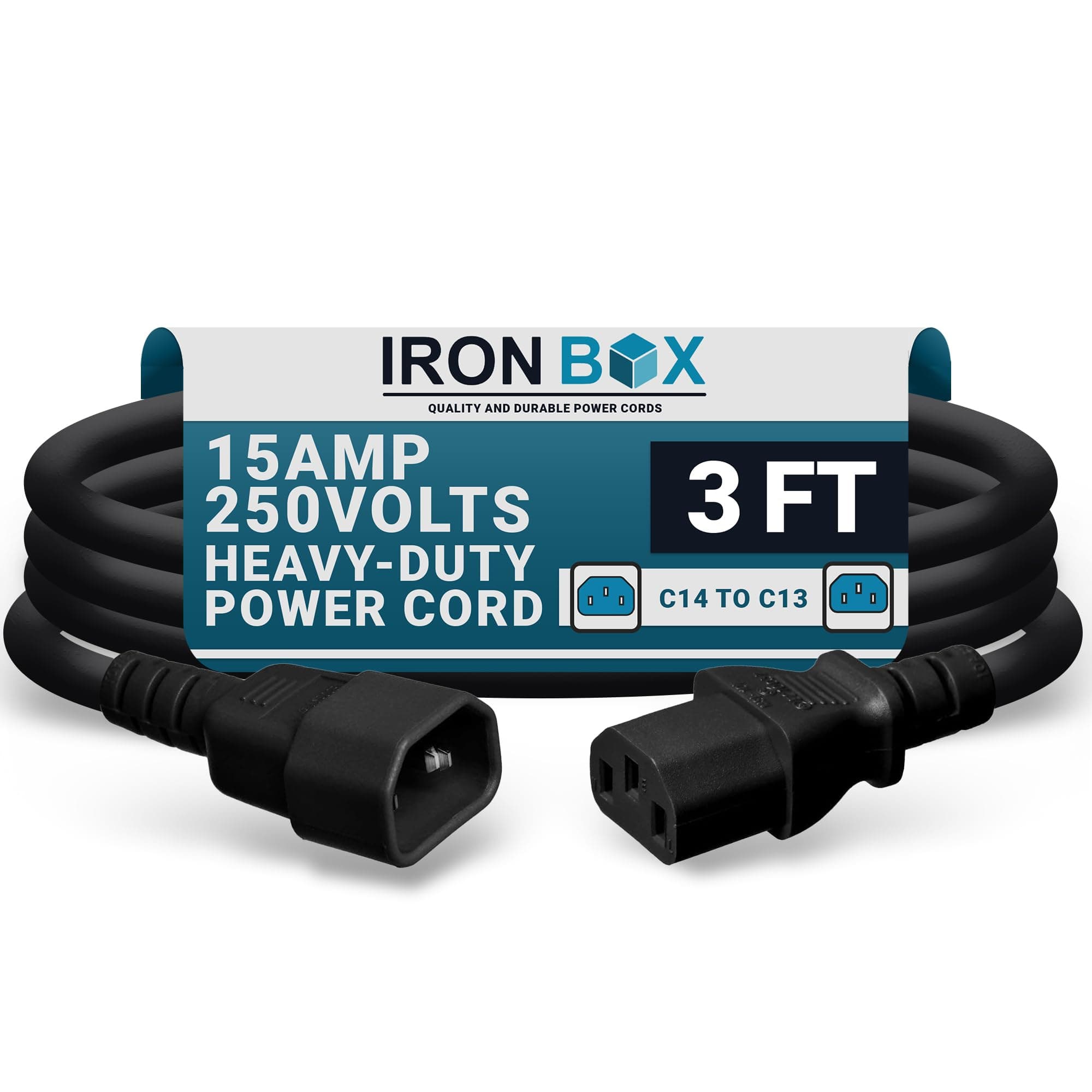 IronBox Electric - Heavy-Duty C14 to C13 Power Cord, 15A, 250V, 14/3 AWG Computer Extension Cable - PDU Power Cables for PC Adapter, Server Rack Cord, Monitor Cable Extender (Black 3 Foot)