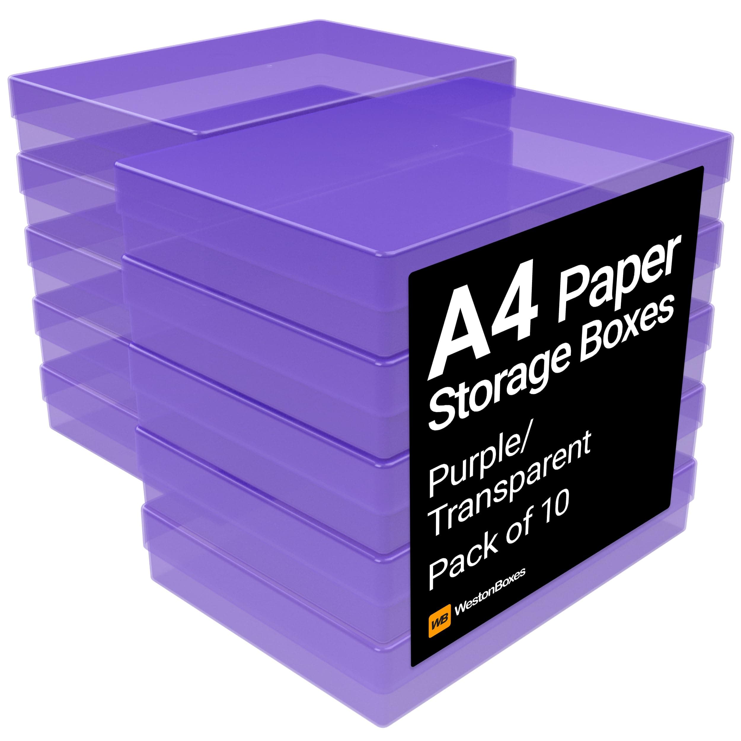 A4 Colourful Transparent Plastic Craft Storage Boxes with Lids for Art Supplies, Paper and Card (Purple/Transparent, Pack of 10)