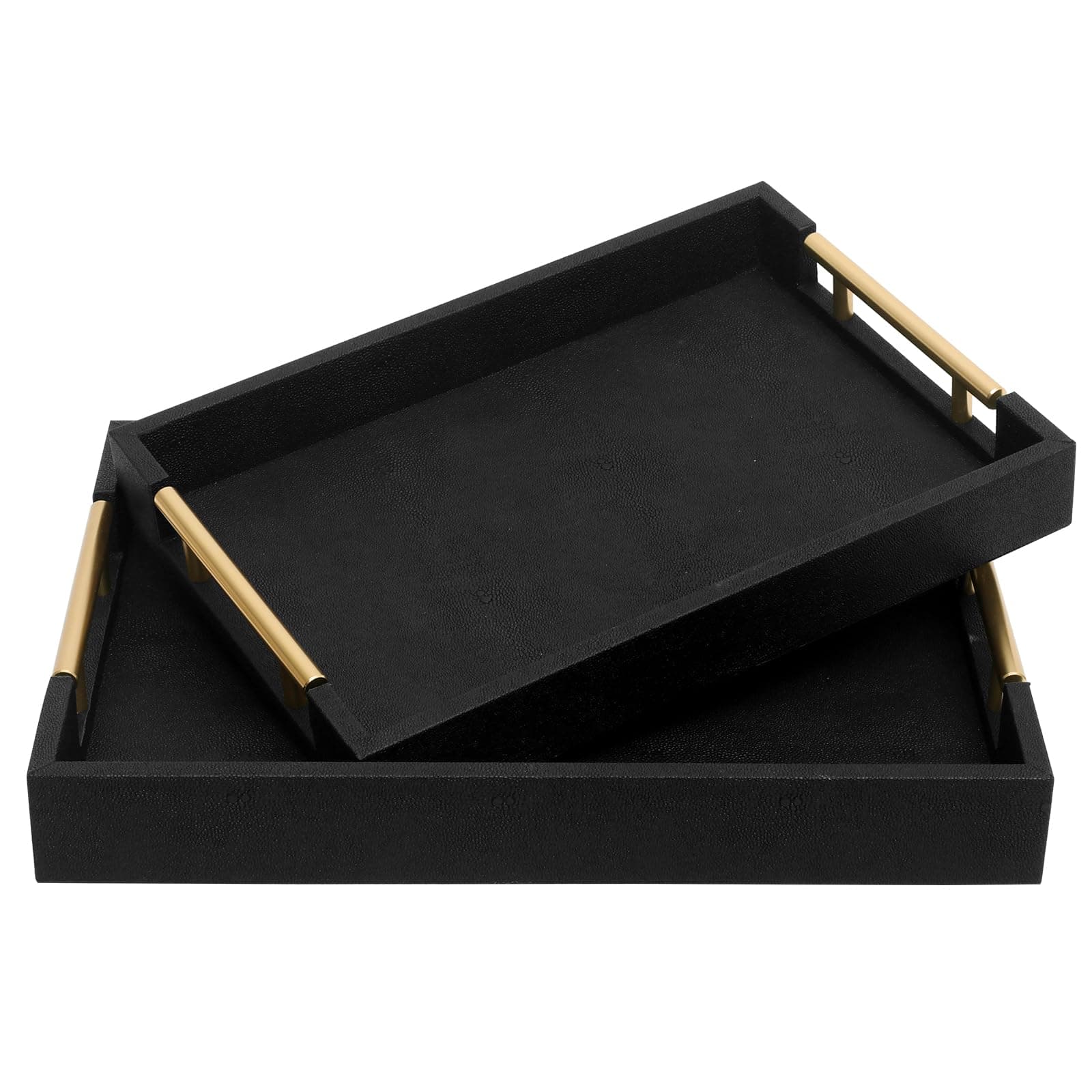 SwallowLiving Set of 2 Shagreen Serving Tray with Gold Polished Metal Handles Black Decorative Wood Tray PU Leather with Brushed Gold for Coffee Table Ottoman Console Table Decor