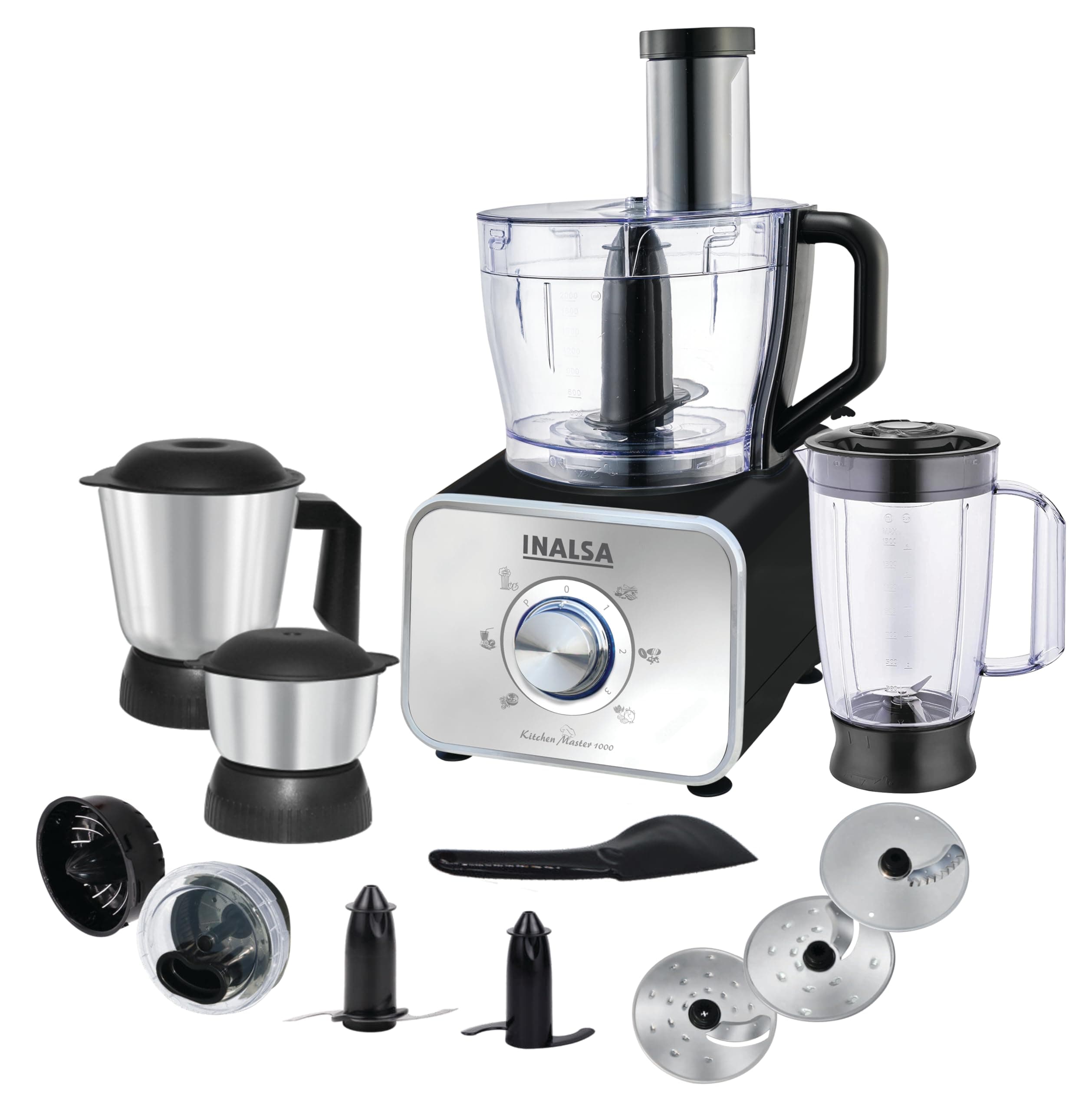 INALSA Food Processor for Kitchen with Mixer Grinder|Copper Motor |1000 Watts| 14 Function|2 Juicer|Chopping & Kneading Blades|Food Grade Blender Jar|304 SS Grade Jars (Kitchen Master 1000)