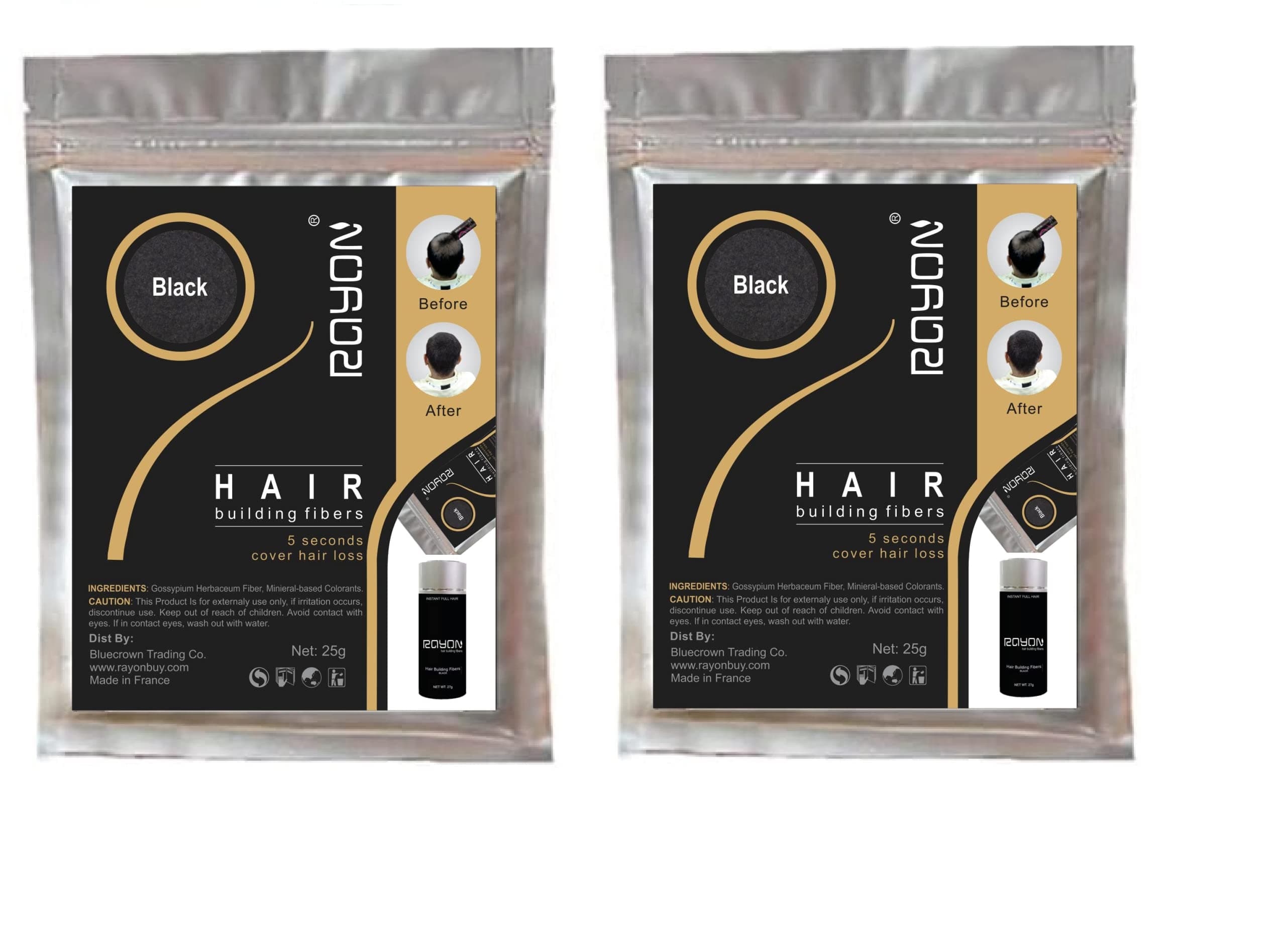 Rayon Hair building fiber refilling pack use for Caboki Toppik Bottles etc. Pack of 2 (25gm * 25gms Black)