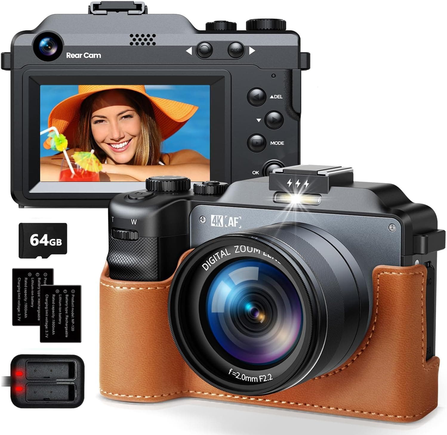CAMWORLD4K Digital Camera 64MP Dual Lens Vlogging Camera with Autofocus, 3.0'' Screen YouTube Camera with Flash 18X Zoom Point and Shoot Digital Camera with 64G Card and 2 Batteries, Compact
