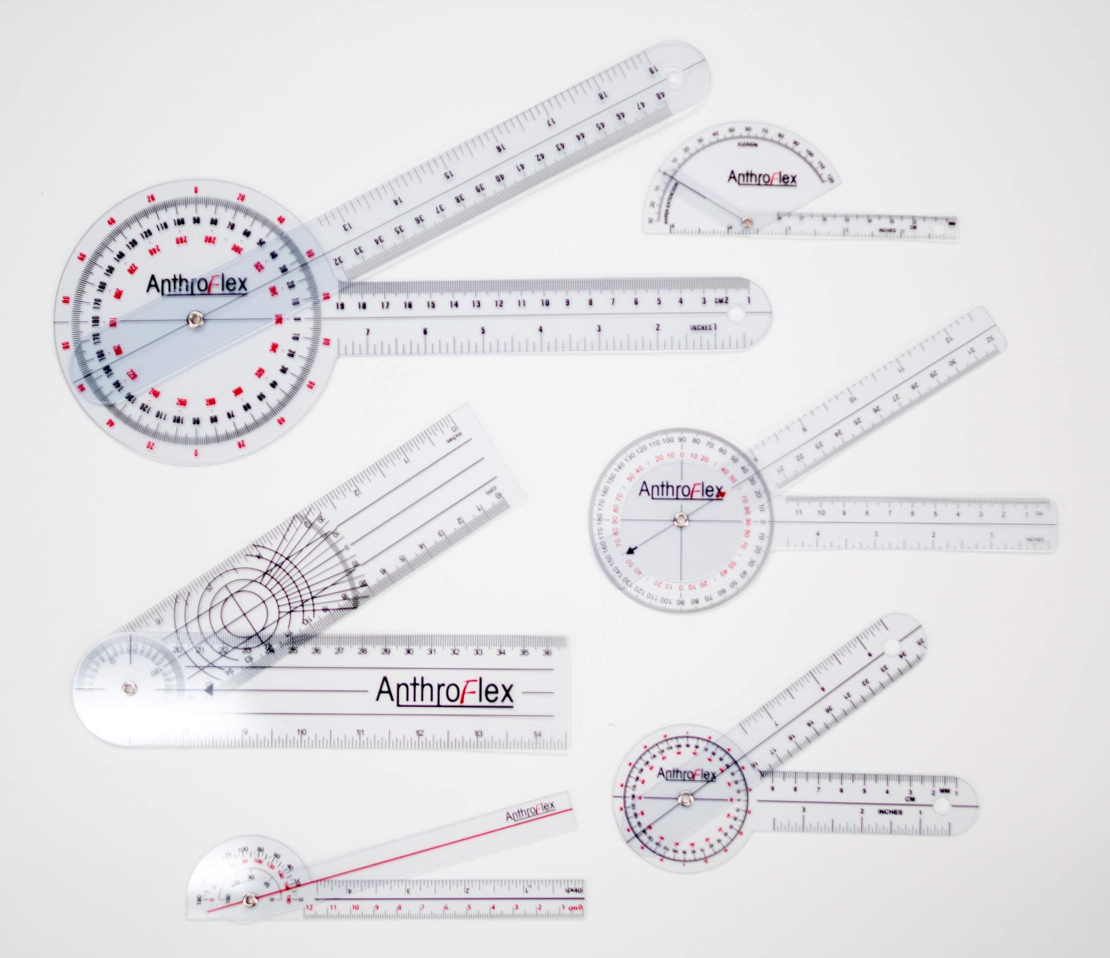AnthroFlex 6 Piece Goniometer Set with 4 Goniometers, BMI Tape Measure, Transport Bag