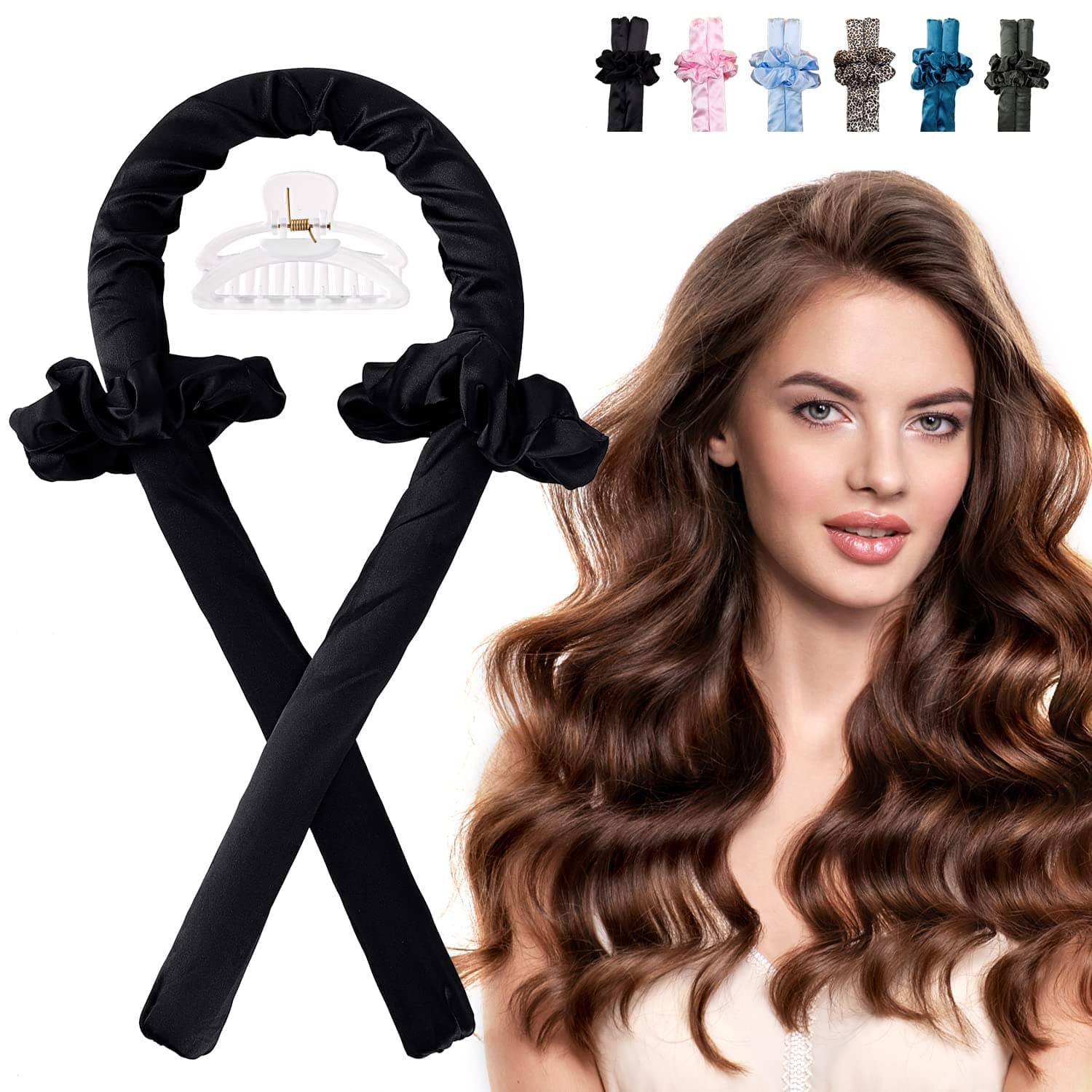 Get Natural Waves Overnight with Heatless Hair Curling Headband - Long Hair Curler Set with Satin Ribbon Rod, Scrunchie, and Hair Clips (Black)