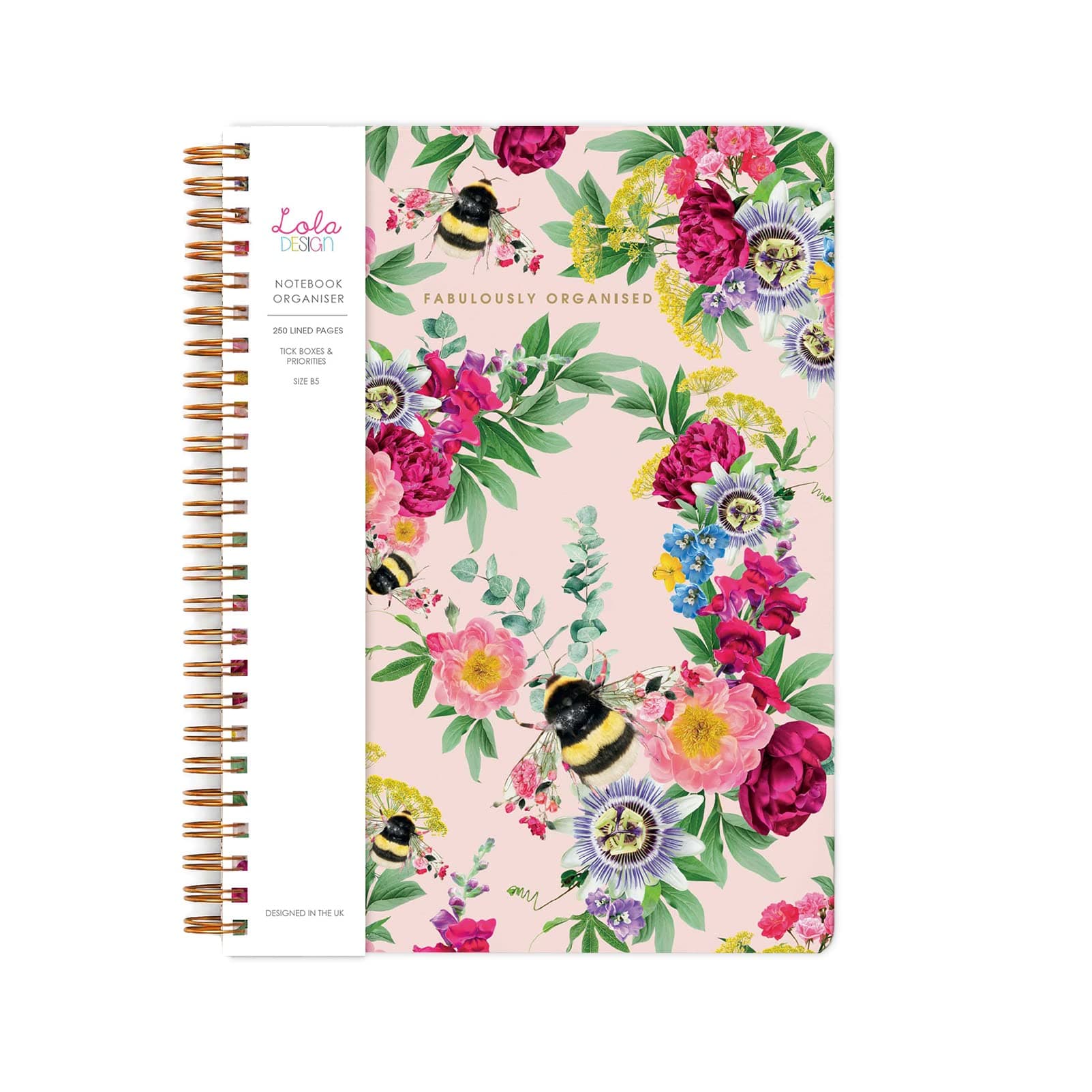 – Lola Design - Large Spiral Notebook Organiser, Pink Bee Pattern Design - Planners & Journals - Wiro Bound Notebook with To-Do Lists & Priorities Section - 176x250mm, 250 Lined Pages