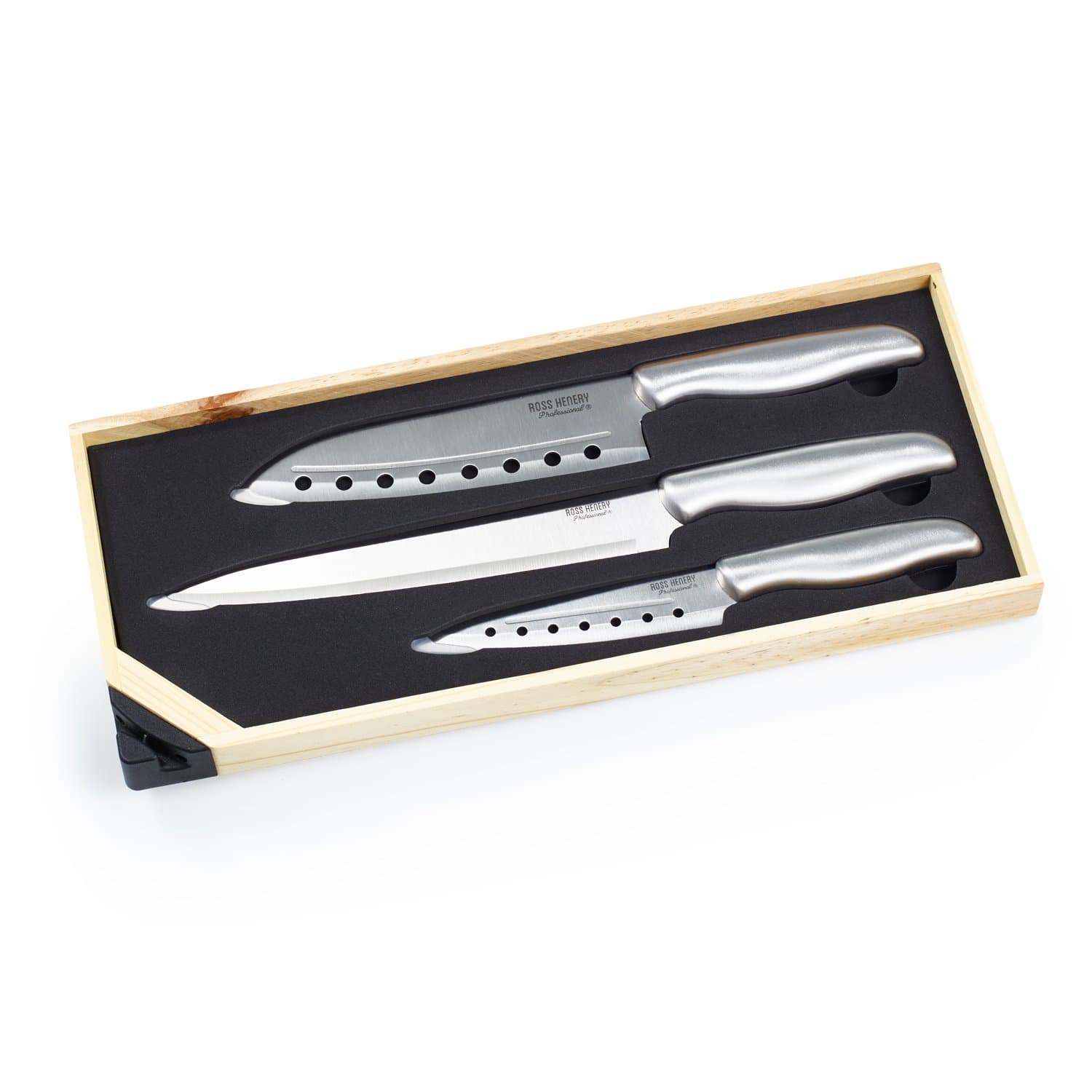 3 Piece Santoku Chef’s Knife Set in Wooden Gift Box with Built in Sharpener (Silver Handles)