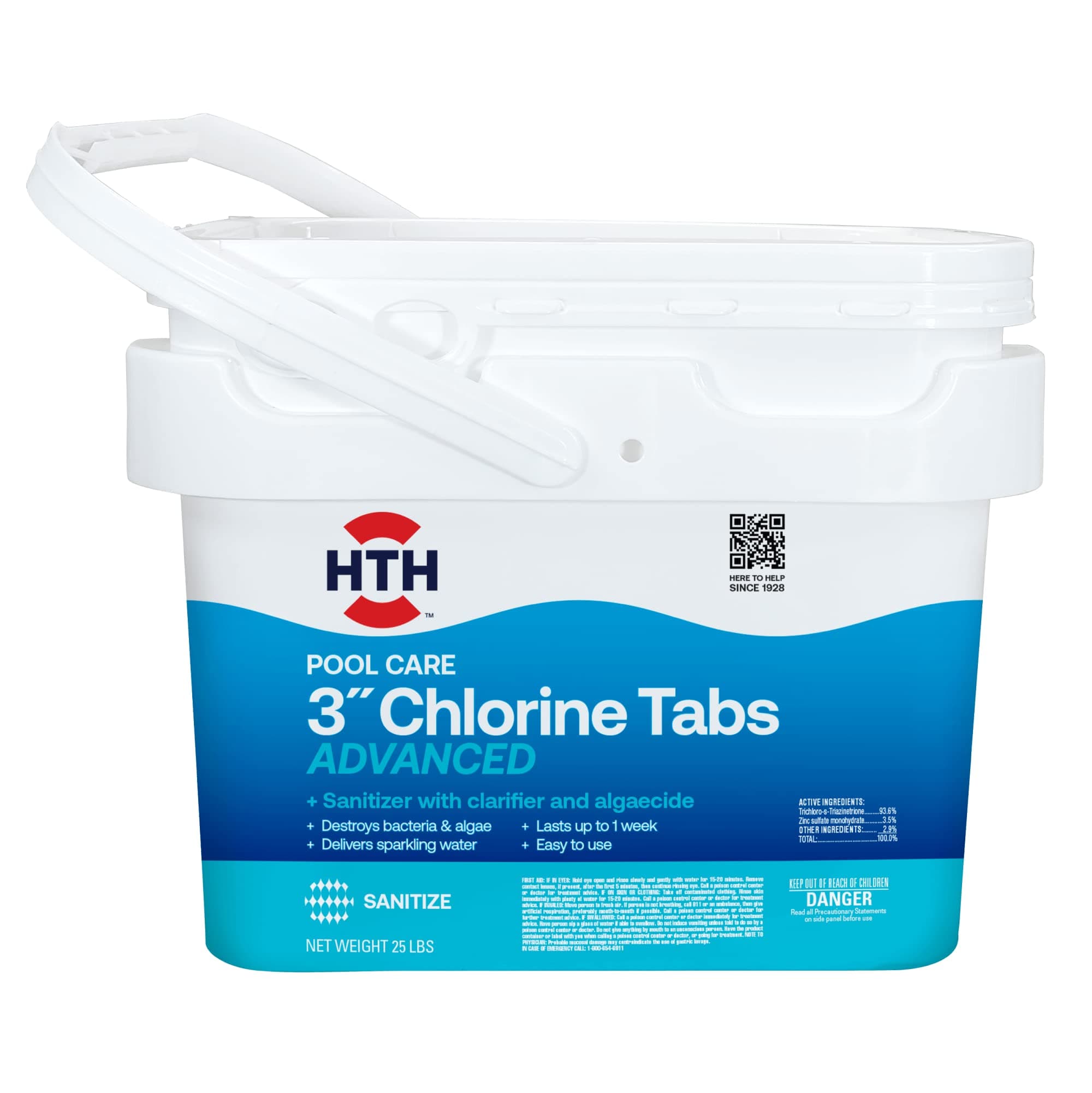 HTH Pool Care 3" Chlorine Tabs Advanced, Swimming Pool Chlorinating Sanitizer & Algaecide, Kills Algae and Bacteria, 25 lbs