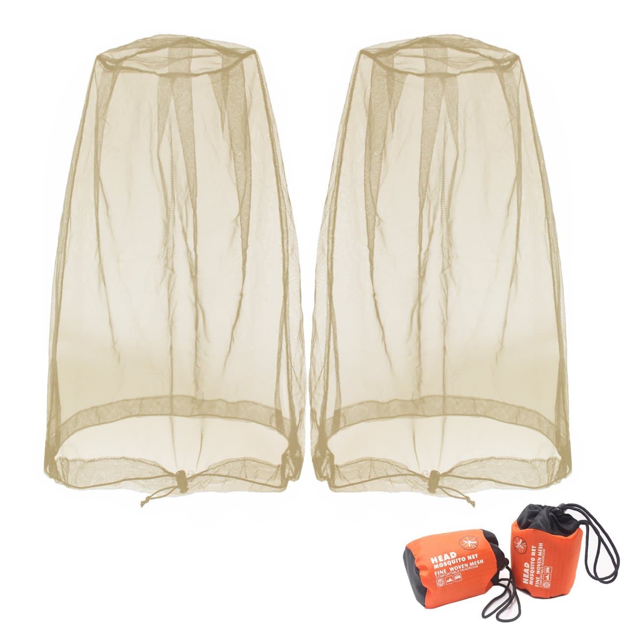Benvo Mosquito Head Net Mesh, Face Neck Fly Netting Hood from Bugs Gnats Noseeums Screen Net for Any Outdoor Lover- with Carry Bags Fits Most Sizes of Hats Caps (2pcs, Khaki, Updated Big Net)
