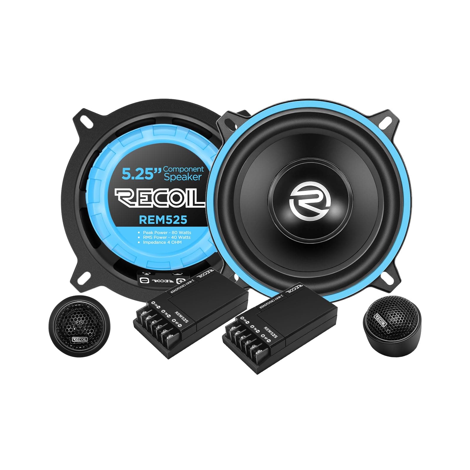RECOIL REM525 5.25" Component Speaker System – 80W RMS, Polypropylene Woofer with Nitrile Rubber Surround, Silk Dome Tweeters – Ideal for Car Audio Upgrades