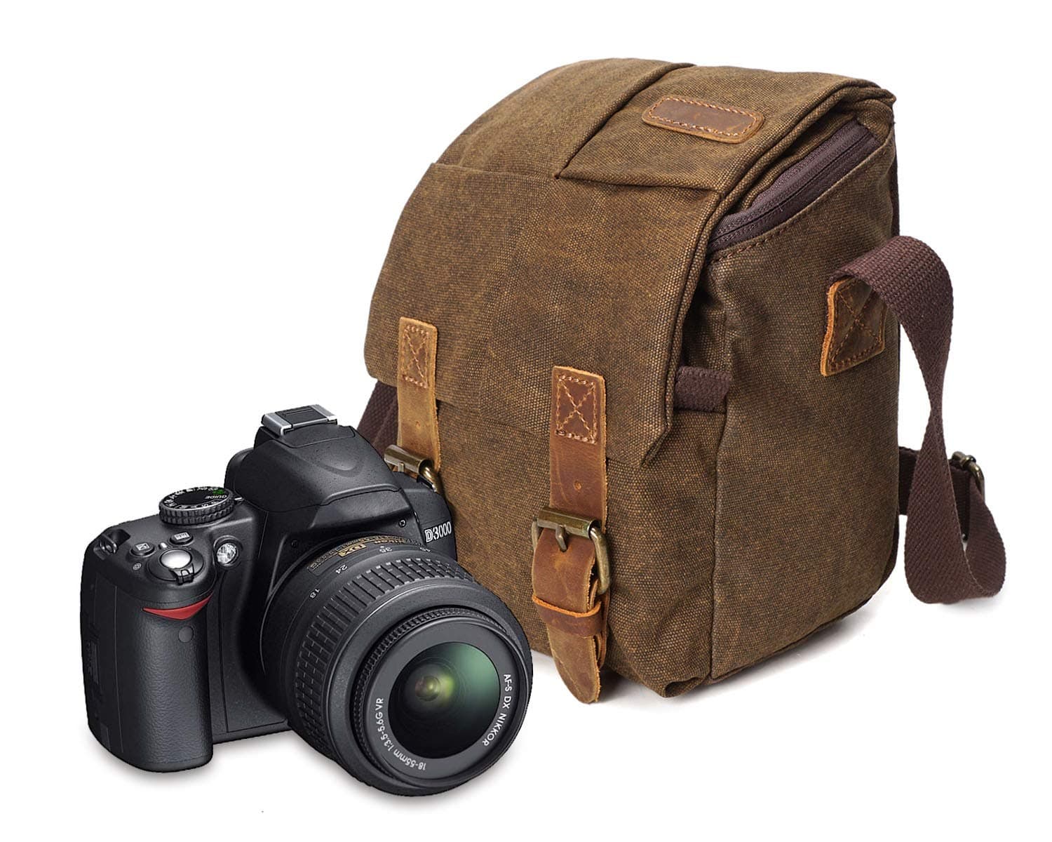 Waterproof Canvas Leather Trim DSLR SLR Shockproof Camera Shoulder Messenger Bag (Grey) (Brown)