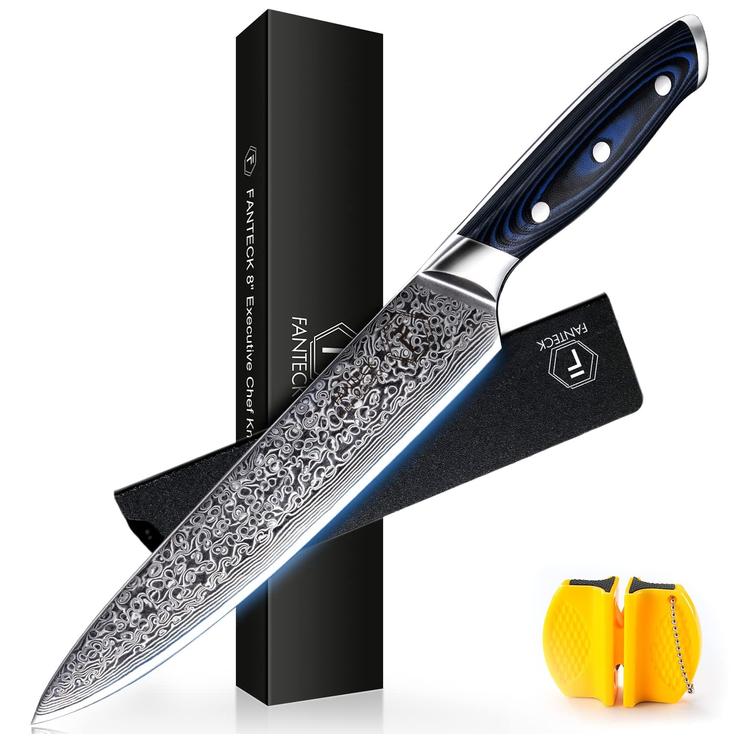 FANTECK Chef Knife 8 Inch Japanese Damascus Kitchen Knife, VG10 Super Steel 67 Layer High Carbon Professional Kitchen Chef Knives,Full Tang Ergonomic G10 Handle-with Sheath & Sharpener