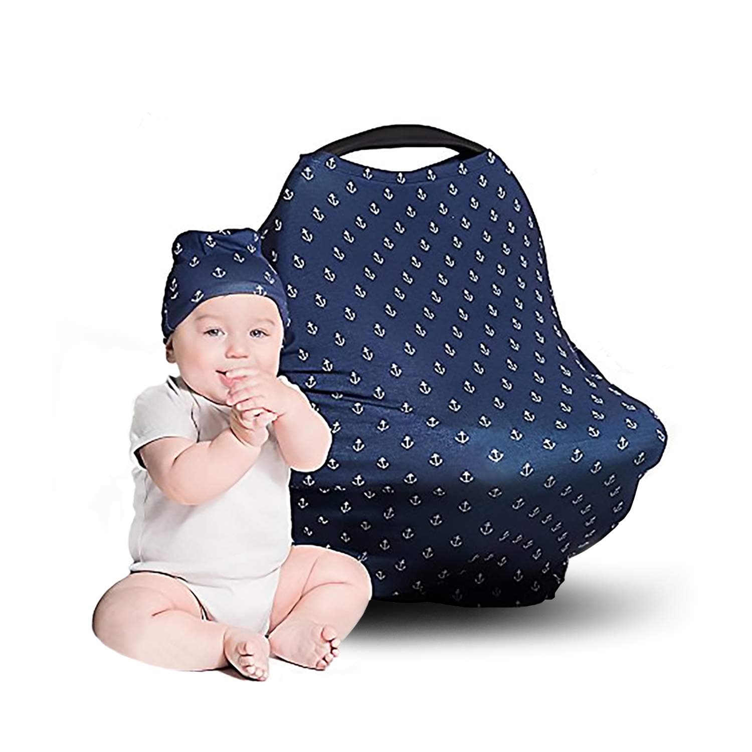 Car Seat Covers for Babies - Stretchy, Lightweight, and Extra Soft Nursing Cover - Multiuse - Covers Carseat, High Chairs, Shopping Carts - Bonus Infant Baby Beanie and Bag (Anchors on Blue)