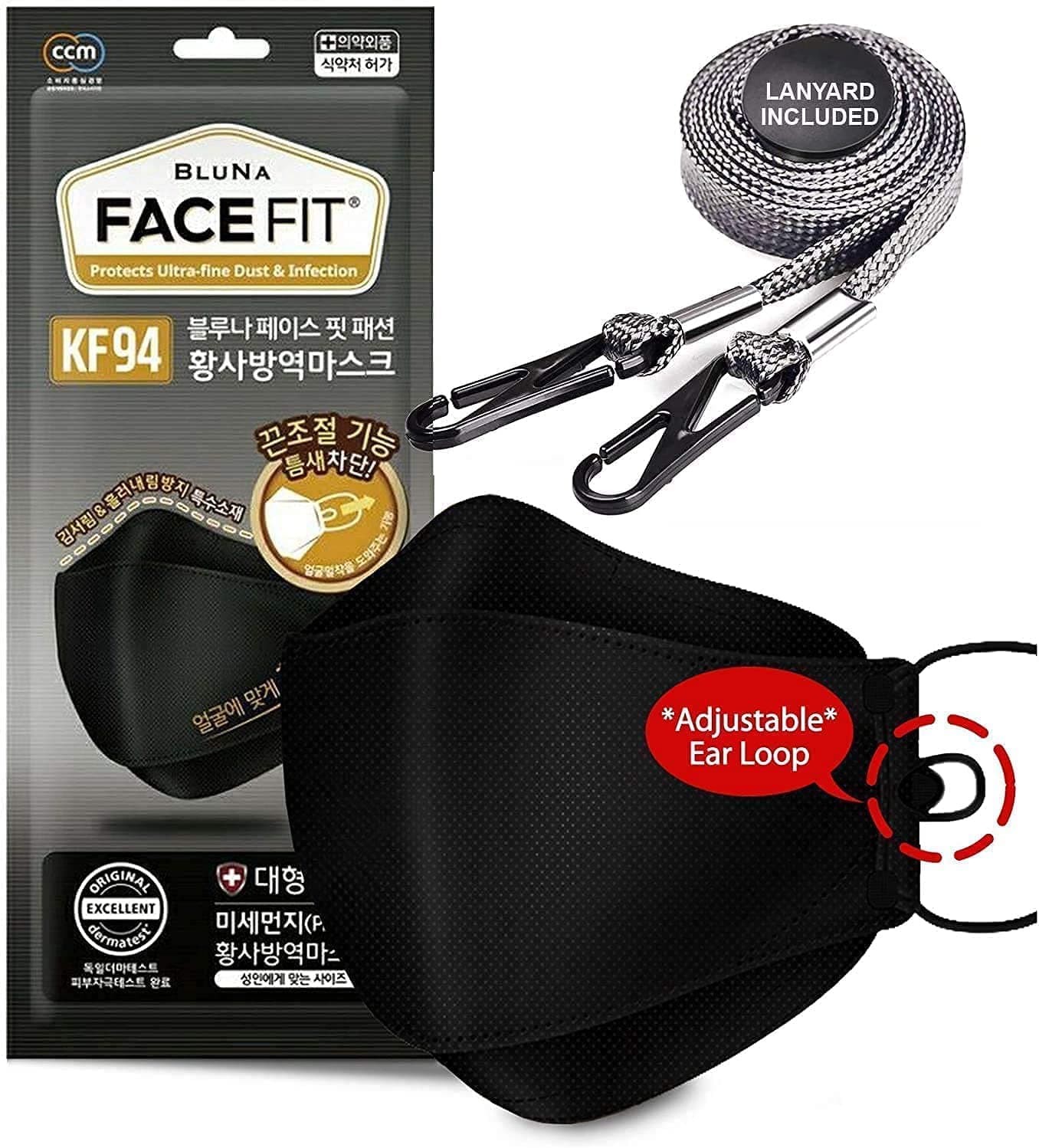 BLUNA FACE FIT Premium KF94 Mask, Size: Large  |  Color: Black + Lanyard