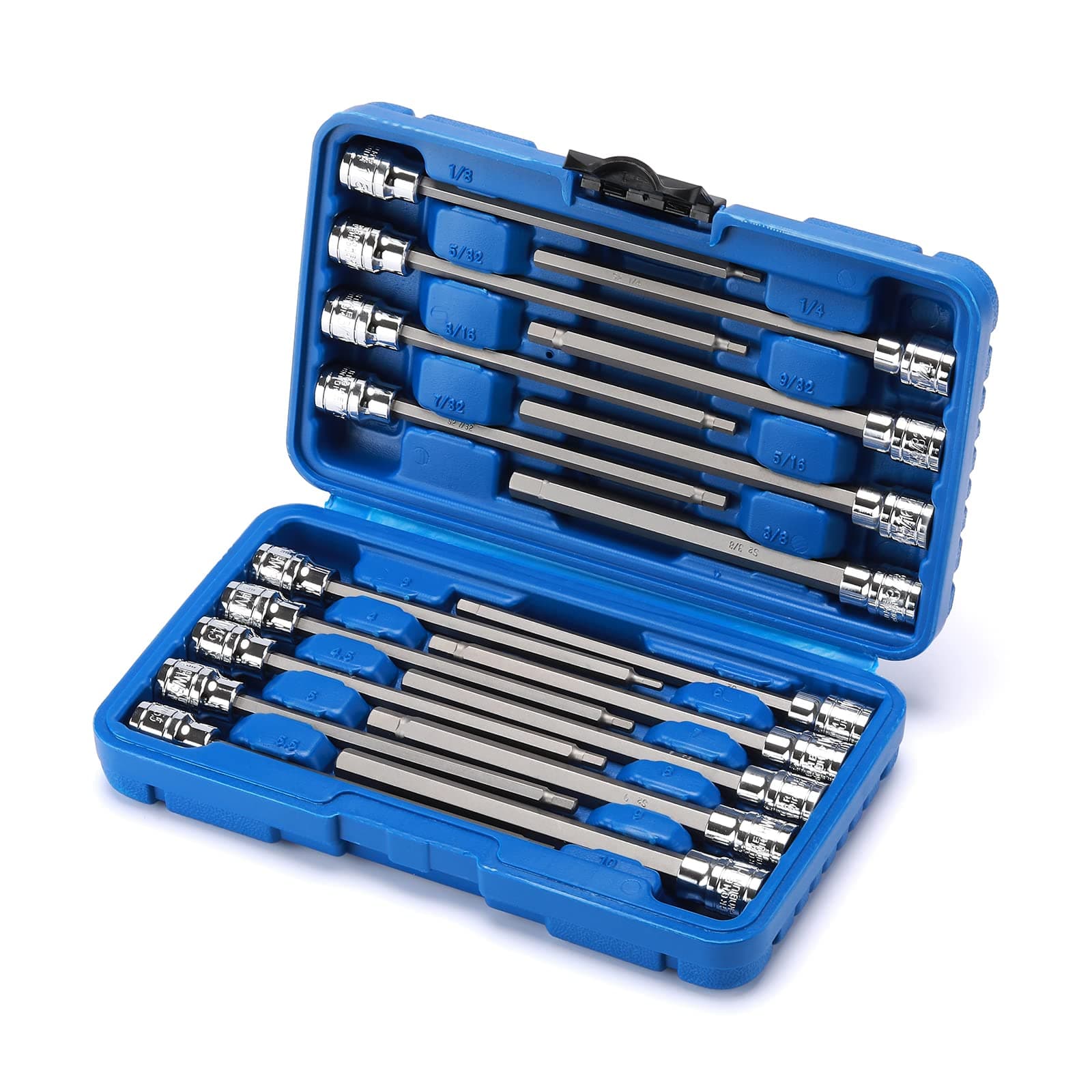 18 Pieces 3/8 Inch Drive Long Hex Bit Socket Set,1/8 Inch to 3/8 Inch, 3mm to 10mm, SAE&Metric, Extra Long Allen Hex Bit Socket Set, CR-V and S2 Steel