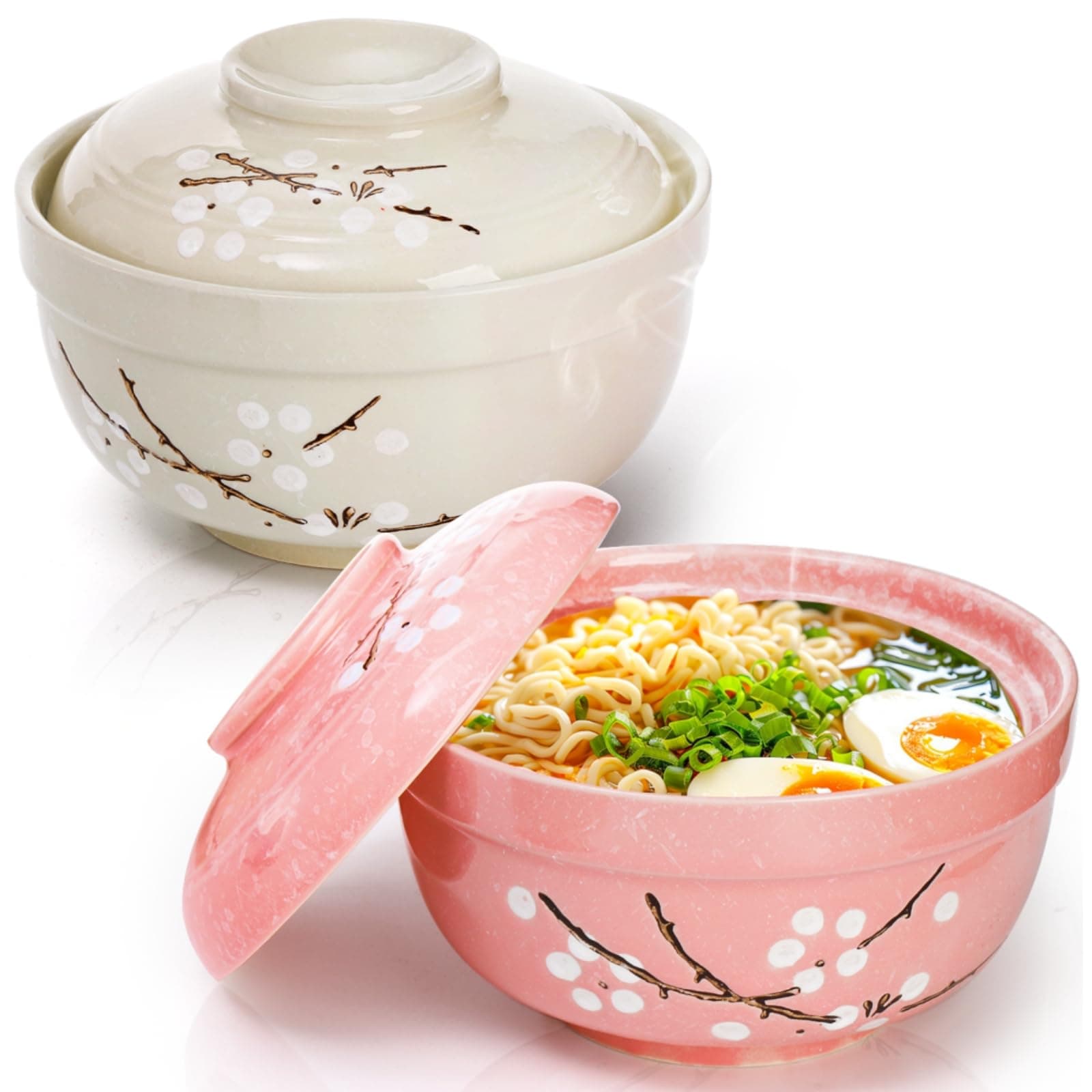 Goaste 2 Pack Ceramic Ramen Noodle Bowl, 27 OZ Big Ramen Bowl with Lid, Japanese Hand-Painted Ceramic Tableware, Durable Floral Soup Bowl for Noodles, Porridge, Rice, Dishwasher Safe(Pink, Cyan Blue)