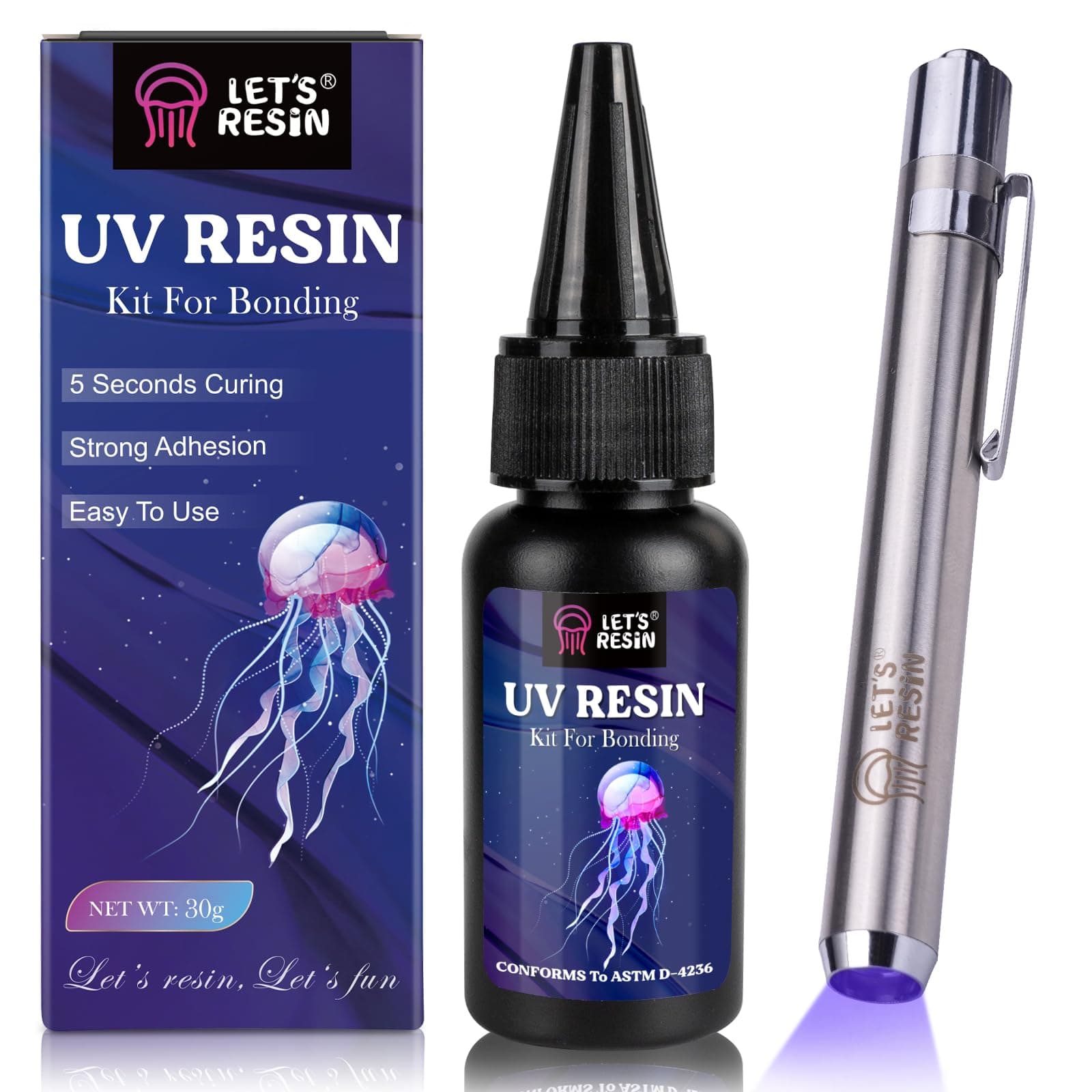 UV Resin Kit with Torch, Bonding & Curing in Seconds, 30g UV Resin Kit with UV Flashlight for Welding, Jewelry UV Glue Adhesive for Plastic Repair, Glass Light, Craft Decor