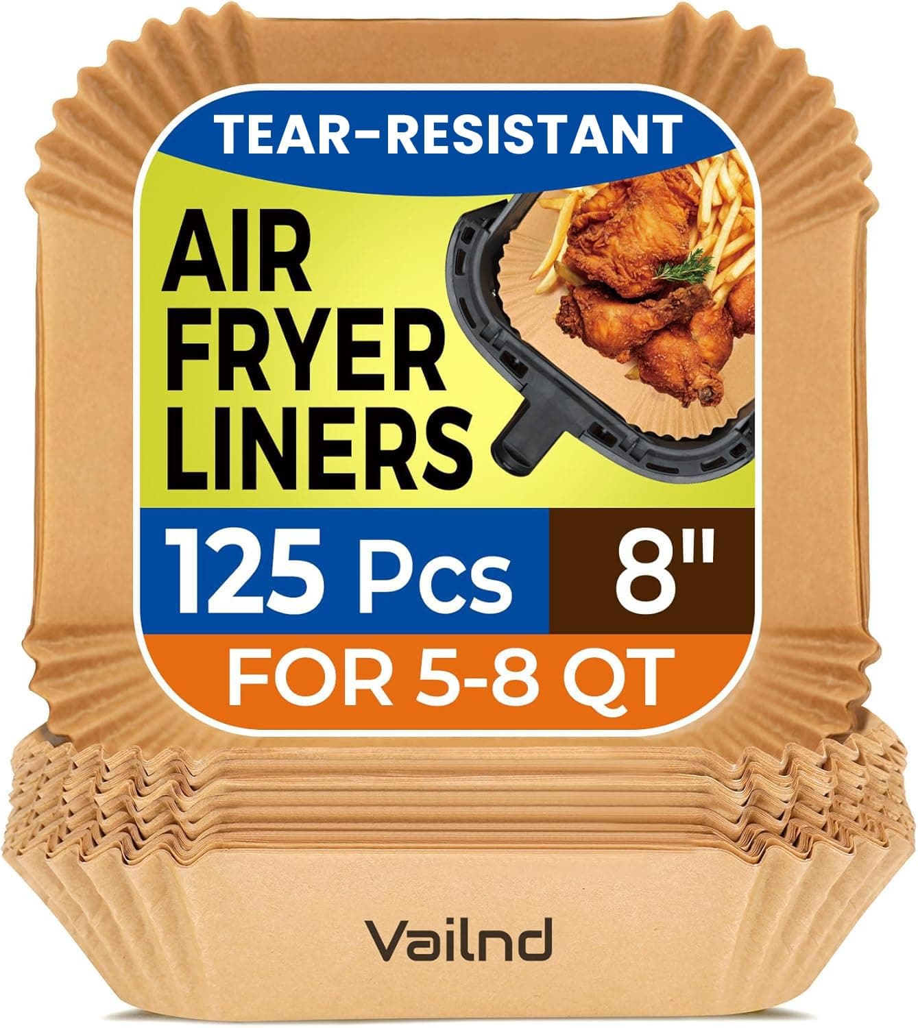 vailnd Air Fryer Paper Liners,125Pcs Parchment Paper, Disposable Paper Liner for Microwave, air fryer Basket Liners Square Free of Bleach (8IN)