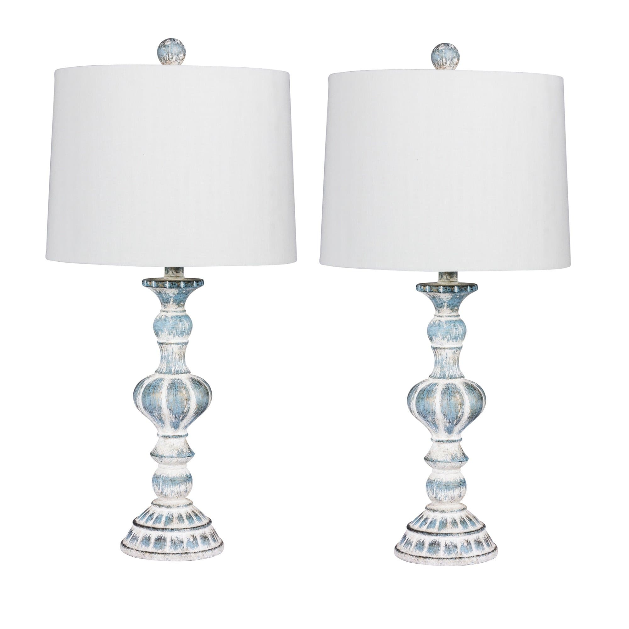 Cory Martin W-6238CABL-2PK Fangio Lighting's #6238CABL-2PK Pair of 26.5 in. Distressed, Sculpted Candlestick Resin Table Lamps in a Cottage Antique Blue Finish, 2 Piece