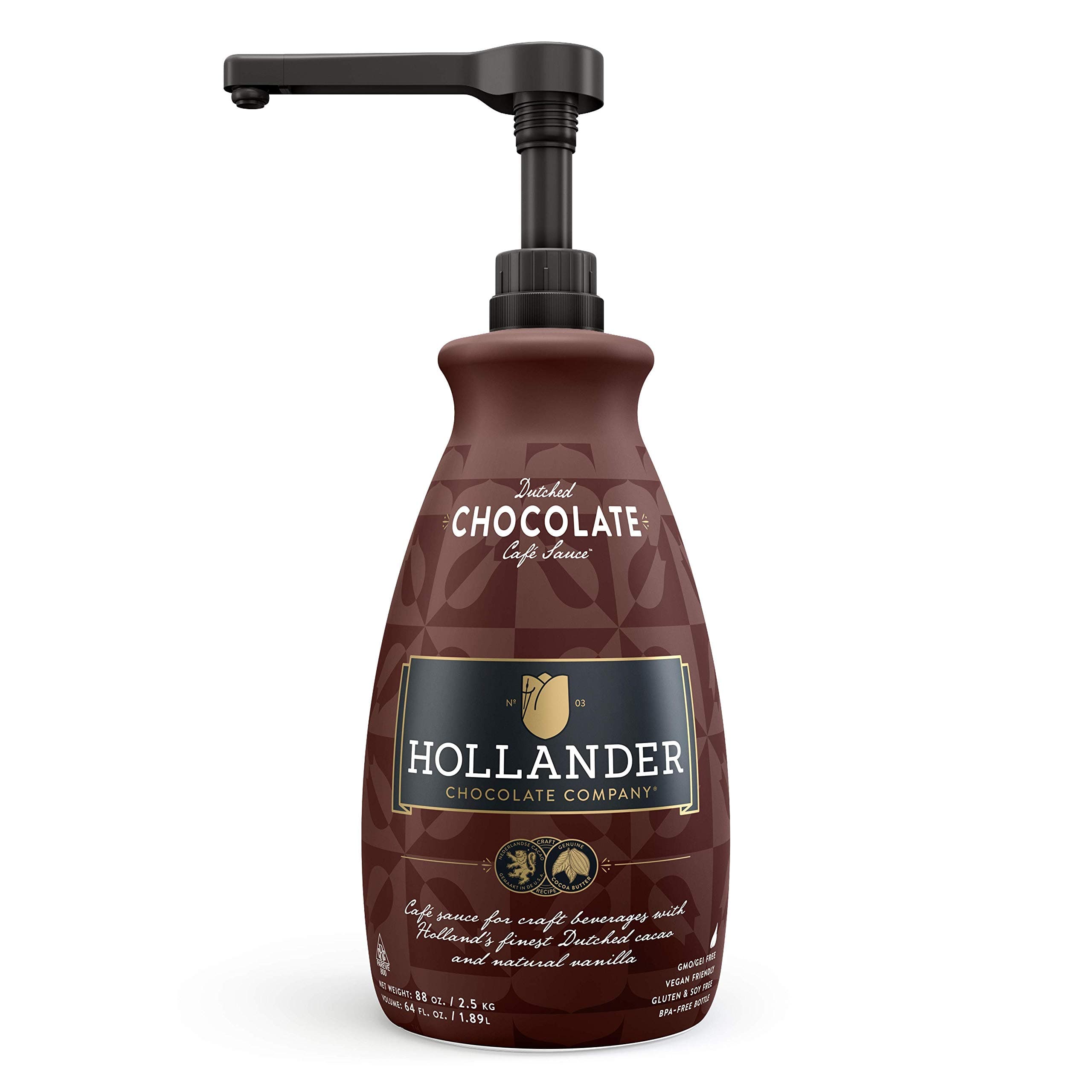 Hollander Chocolate Company Dutch Chocolate Cafe Sauce for Mocha, Hot Cocoa and Desserts - Perfect for Professional Baristas and Home Use - Net Weight 2.5kg/88oz (1.9L/64 Fluid Ounces) Large Bottle