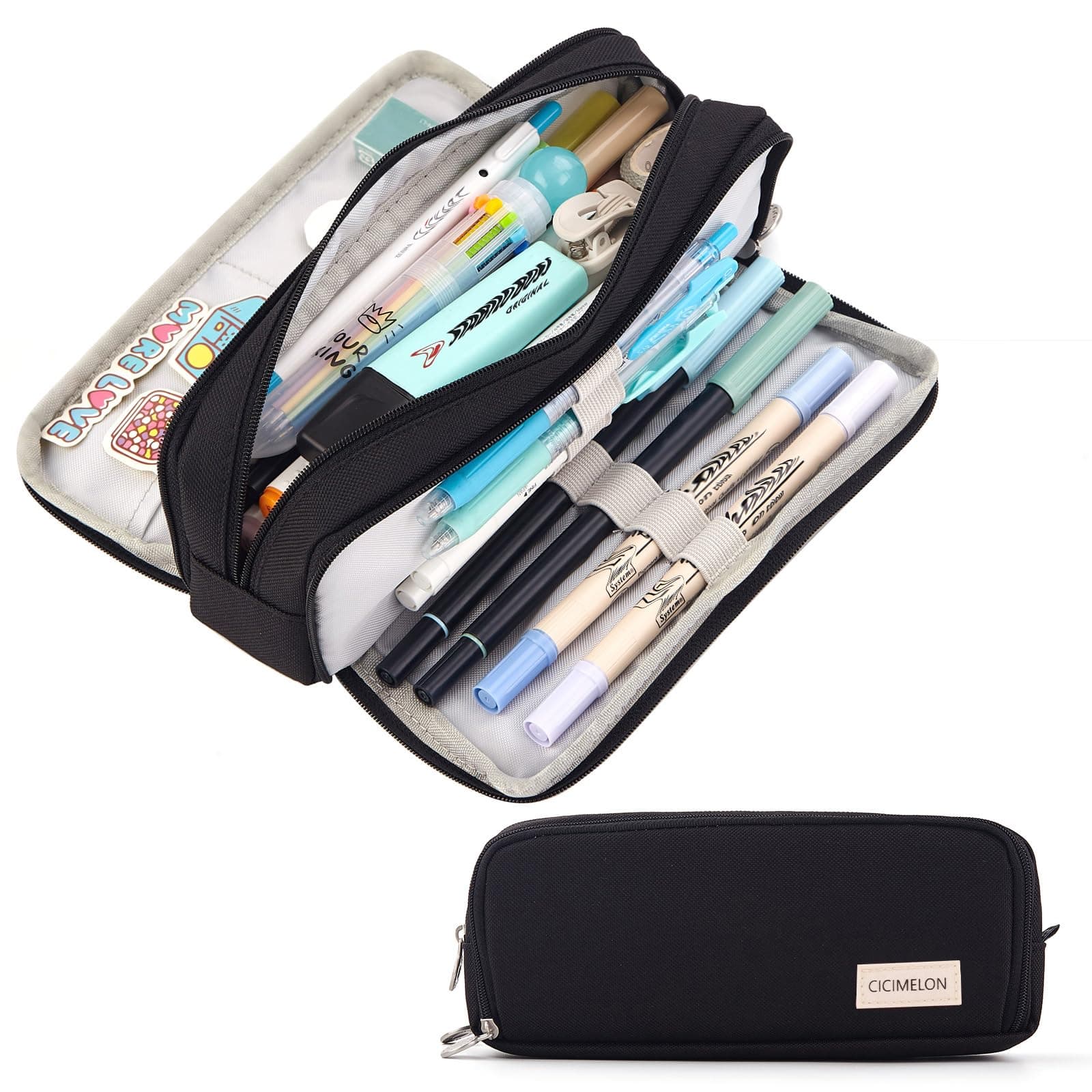 Large Capacity Pencil Case 3 Compartment Pouch Pen Bag for School Teen Girl Boy Men Women (Black)