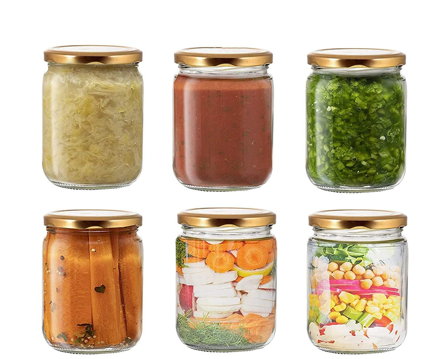 500 ml Salsa Round Glass Jars with Airtight Gold Lid, 6 Piece Spice Set (Glass) - 500 ml Glass Grocery Container (Pack of 6, Clear)