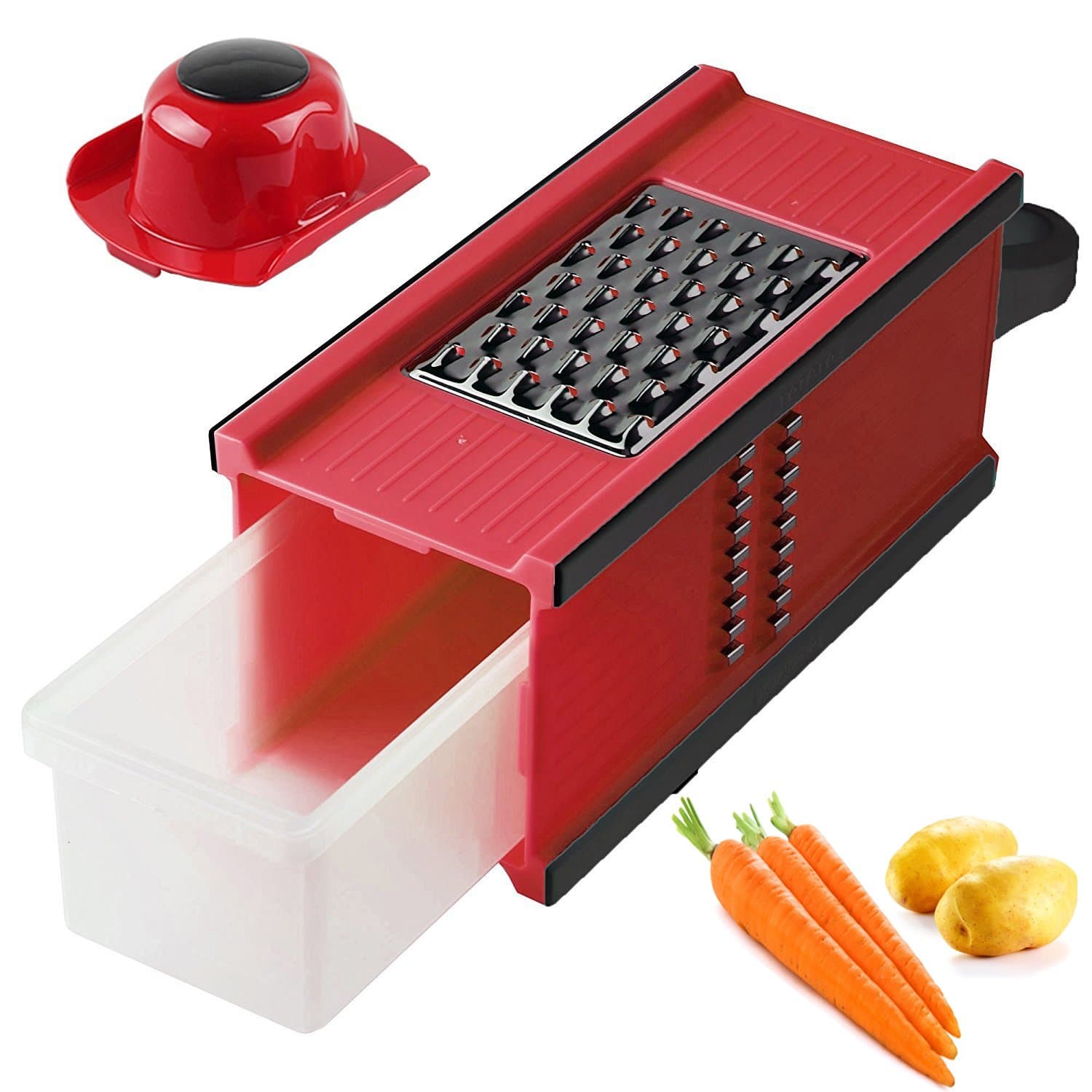Kitchen Tools Set,Jumbo Sky Food And Vegetables Mandoline Slicer With Blades For Fruit And Cheese Cutter, Carrot Grater, Onion Chopper, Julienne Peeler with Safety Hat And Container (4 in 1 Red)
