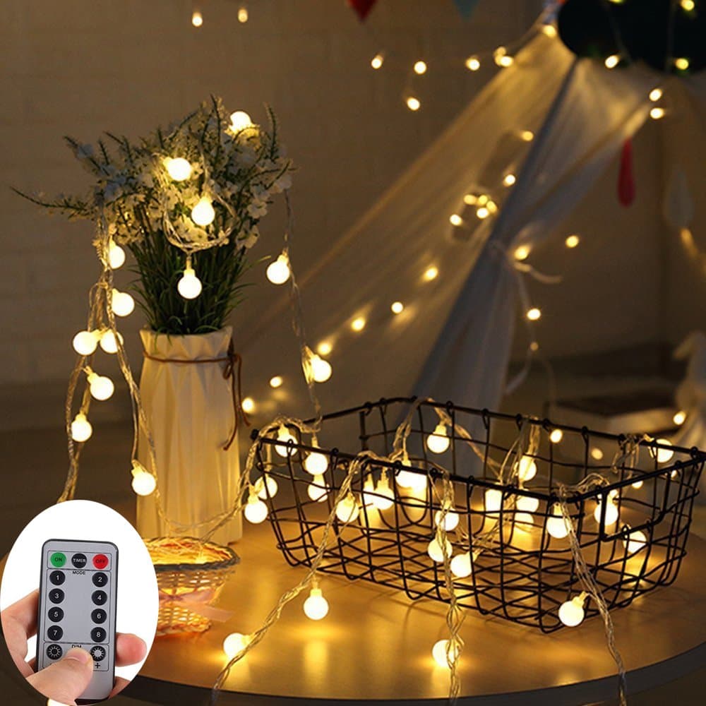 LED string lights, Kolier LED, warm white, battery operated, with Remote Control, decorative, timer, globe LED string lights for Christmas, weddings, Halloween, indoor or outdoor, 5m, 5m, twist cap