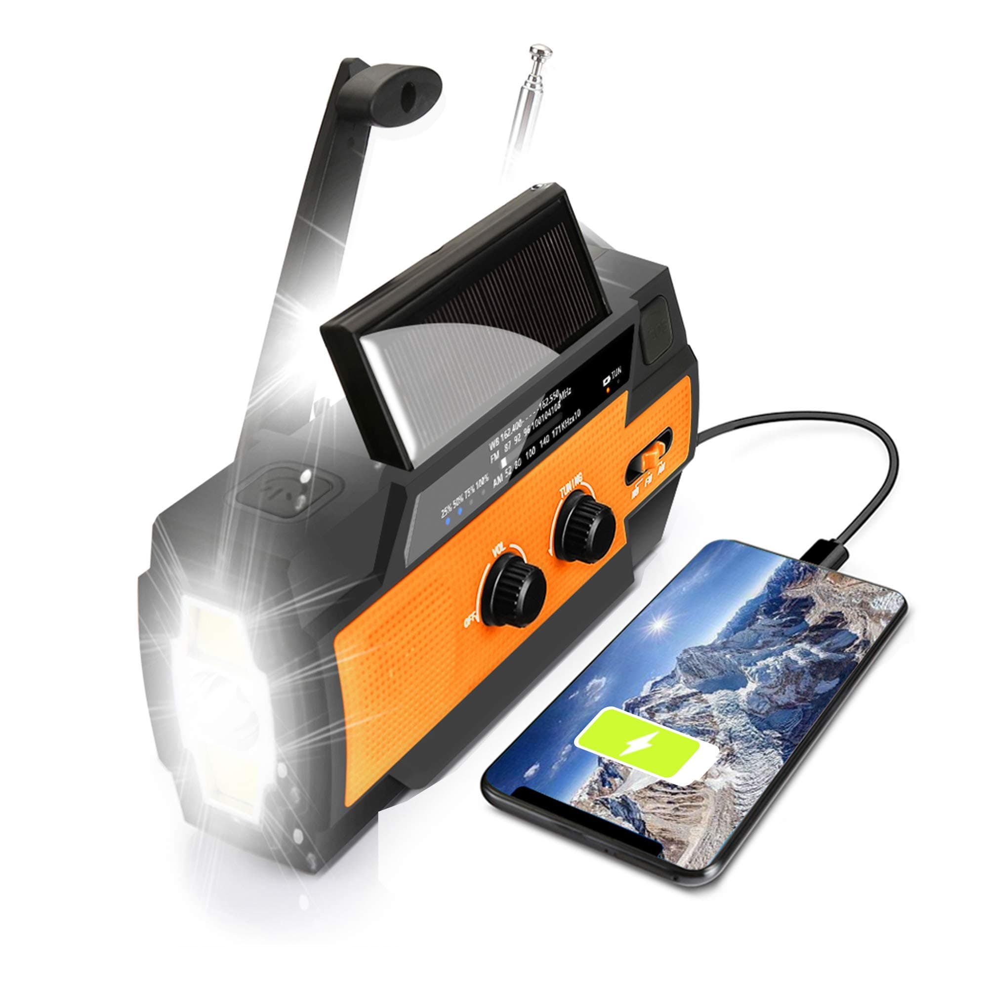 【Upgraded】 Emergency Weather Radio, Hand Crank, 4000mAH, Portable, Solar Charging, with AM/FM/NOAA, 3 LED Flashlights, Motion Sensor, Reading Lamp, SOS Alarm, Rechargeable (Orange)