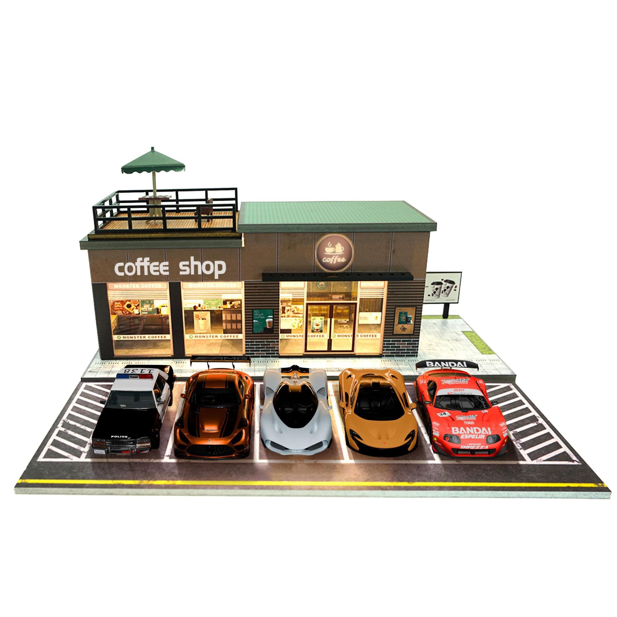 1/64 Model Car Display Shop Case for Adults, Premium in-House-Design Scale Diecast Parking Garage for Toy Cars, Toys Car Garage, Scenic Diorama Display Car Park with ith LED Lamps, Gifts for Men