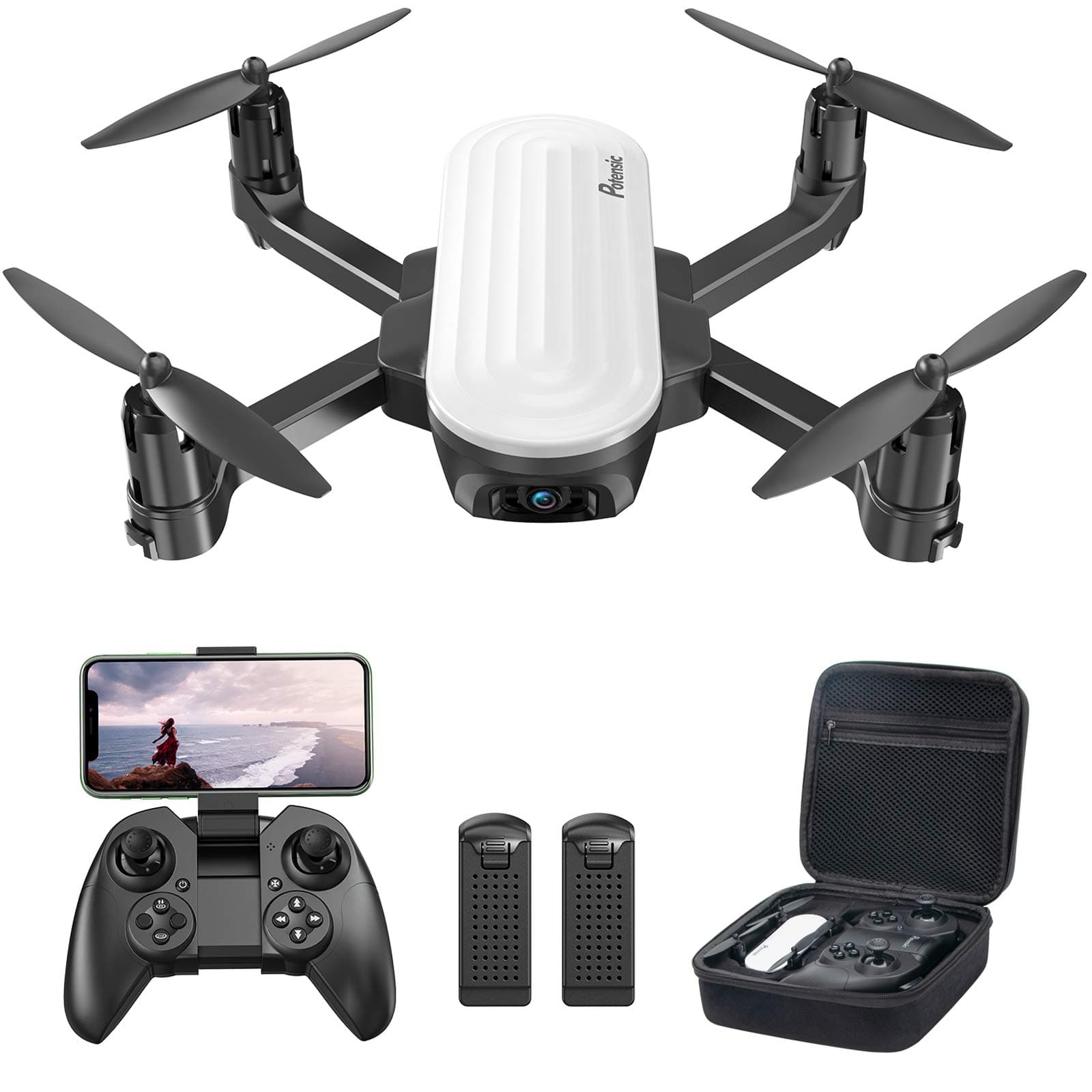 Potensic Elfin FPV Drone with 2K Camera for Kids, Optical Flow Positioning, Live Video RC Quadcopter with Gesture Control, Gravity Sensor, Trajectory Flight, 2 Batteries and a Carrying Case