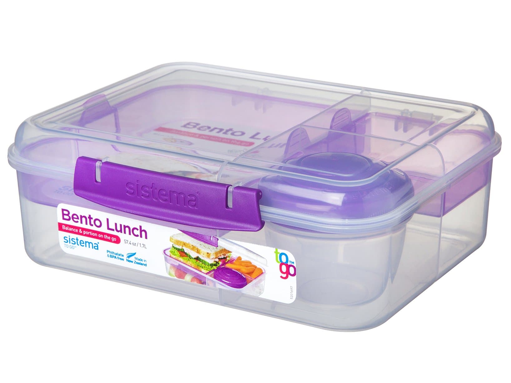 Sistema Bento Box Adult Lunch Box with 2 Compartments, Sandwhich Container, and Salad Dressing Container, Dishwasher Safe, Color May Vary