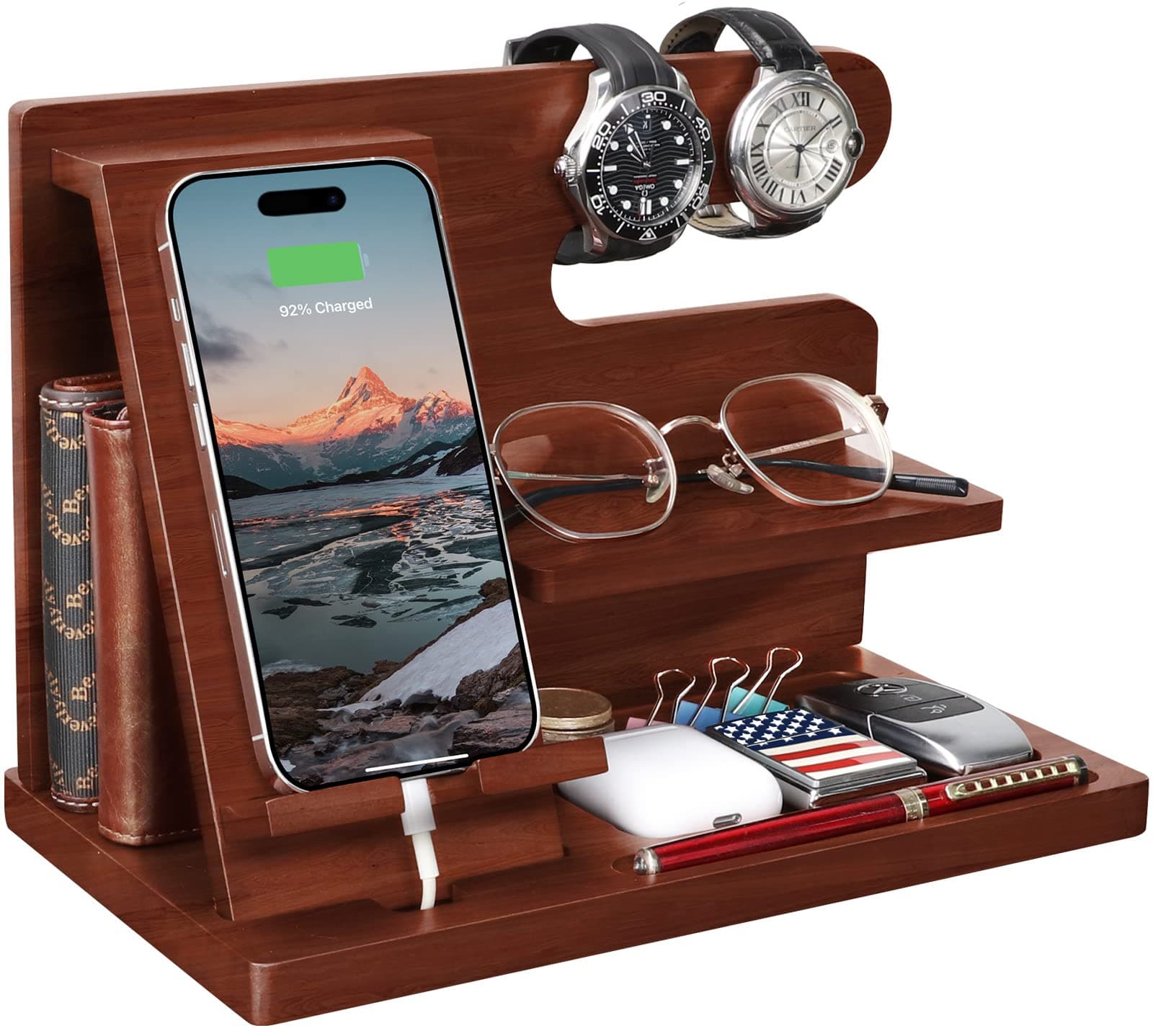 Wood Phone Docking Station - Nightstand Organizer for Cell Phone, Watch, Wallet - Birthday Gift for Dad or Husband