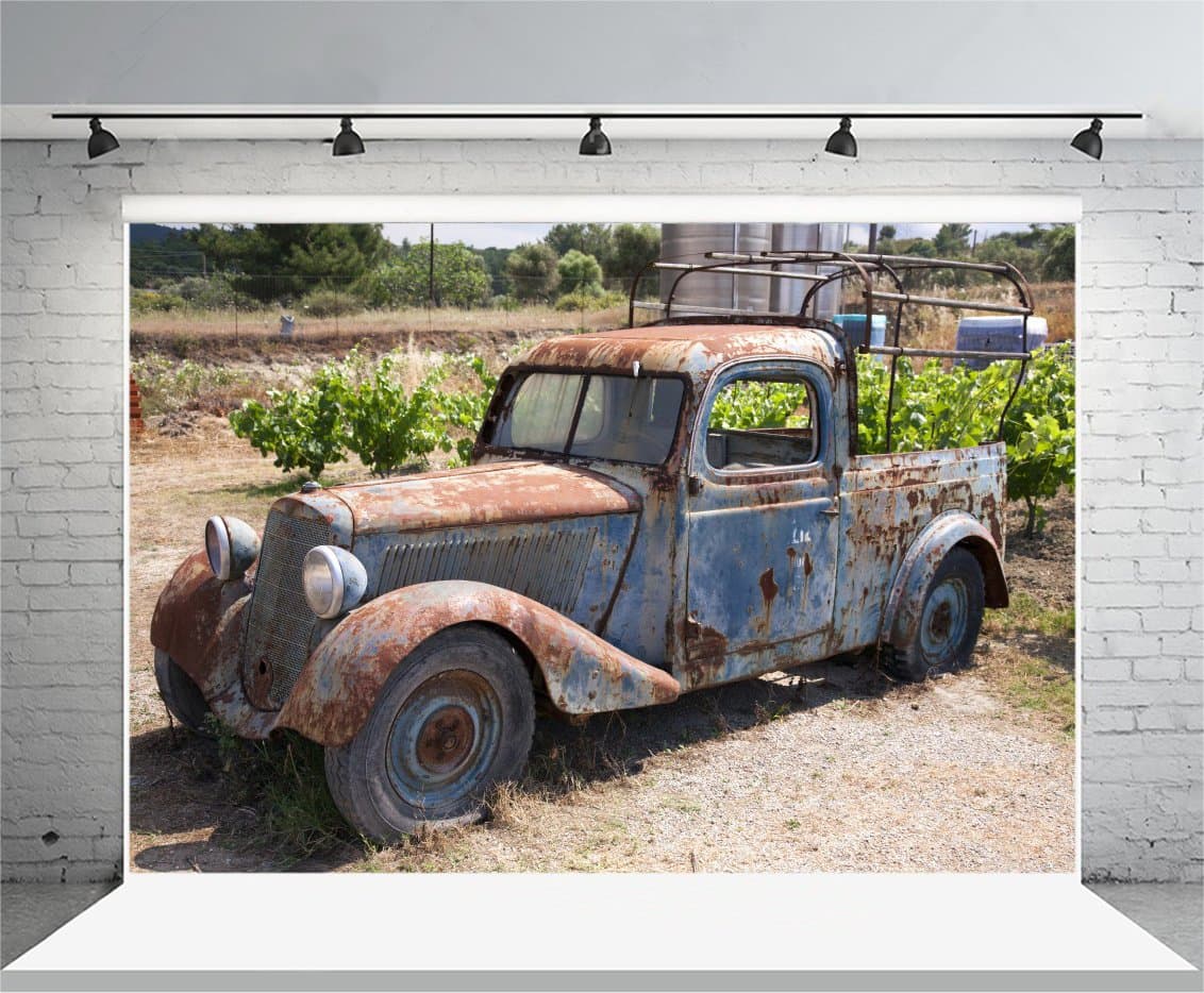 Laeacco 7x5FT Vinyl Photography Background Rusty Old Abandoned Truck Car Countryside Rustic Style Field Metal Iron Backdrops Baby Children Kids Art Photos Video Studio Props 2.2x1.5m