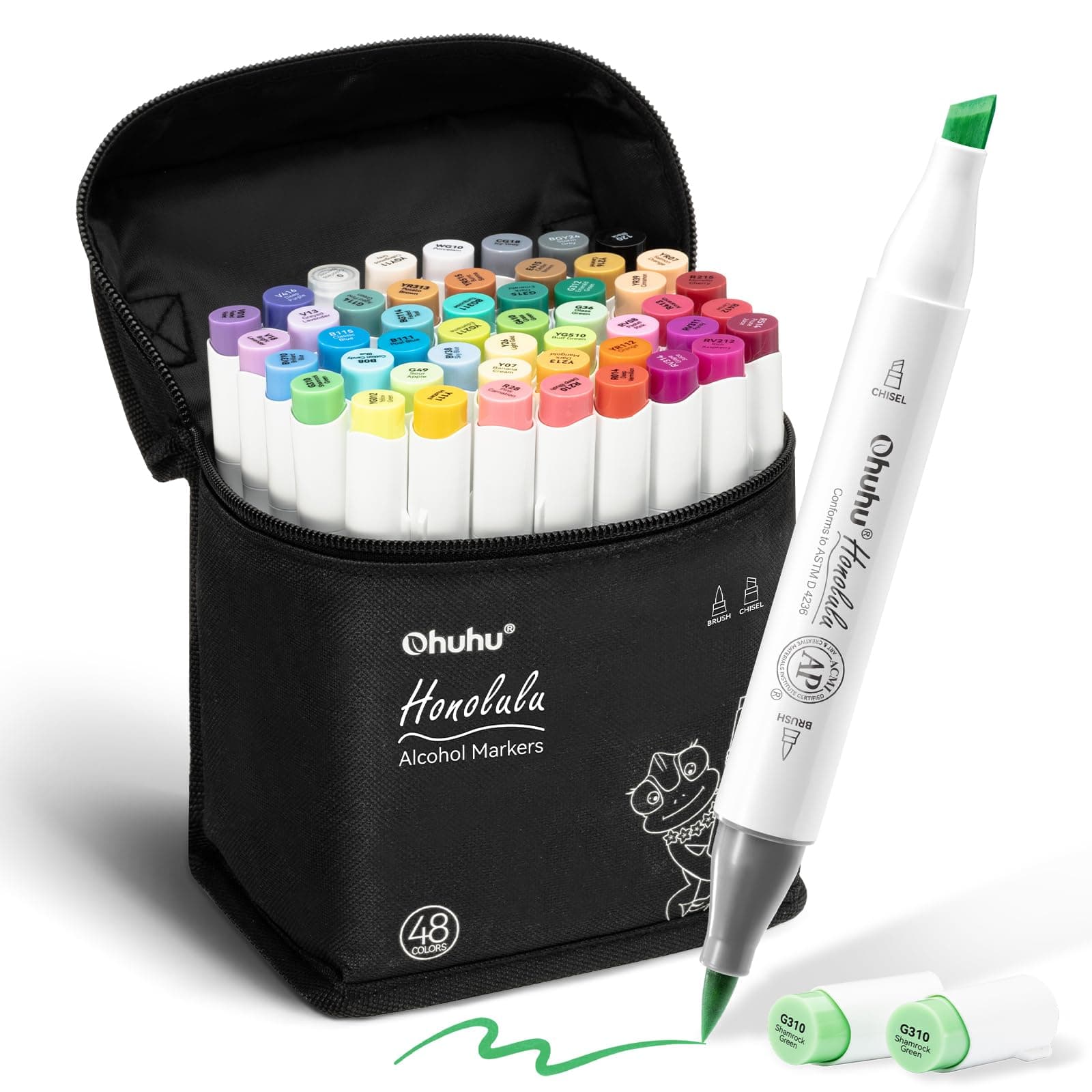 Ohuhu Alcohol Markers Brush and Chisel Tip: 48-Color Double Tipped Art Marker Set for Artist Adults Cozy Coloring Illustrations - Honolulu - Brush and Chisel Dual Tips- Refillable - AP Certificated