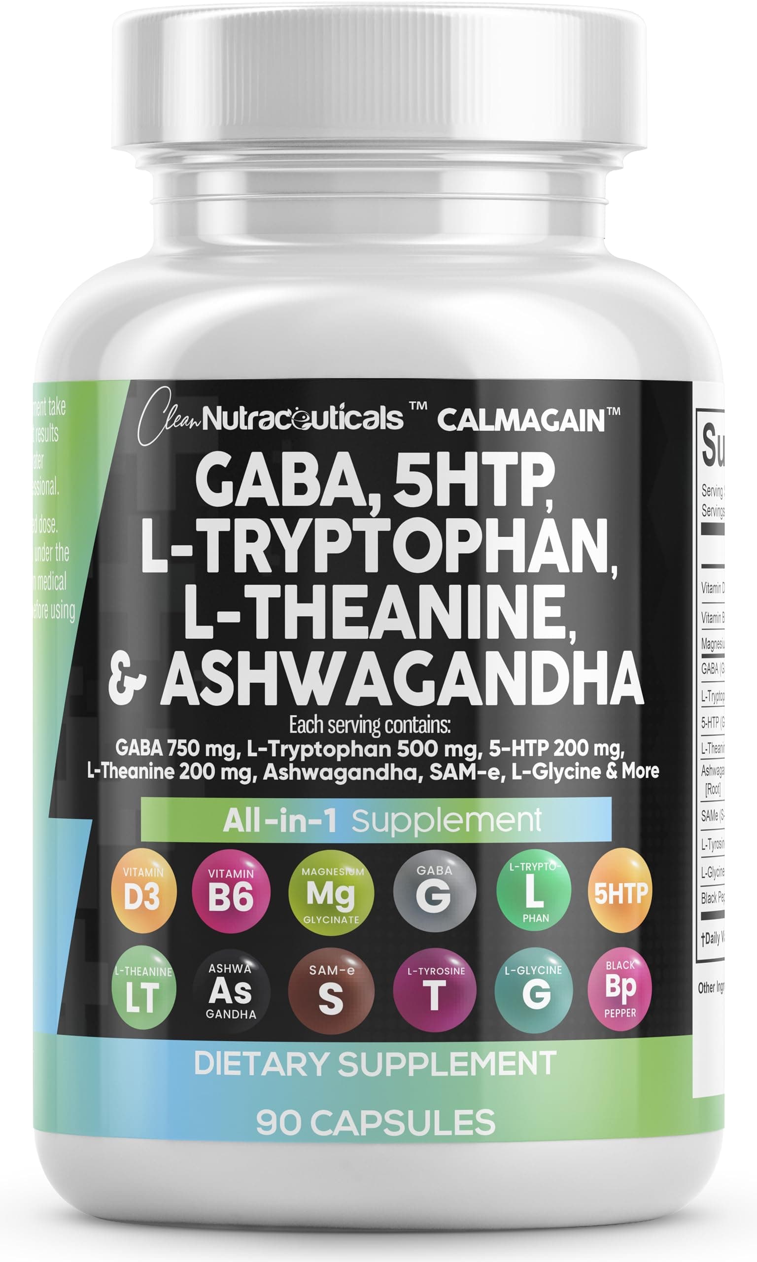 GABA 750mg 5 HTP 200mg L Tryptophan 500mg L Theanine 200mg Ashwagandha SAM-e L-Glycine - Mood Support Vitamins for Women and Men with L-Tyrosine 5-HTP (5-Hydroxytryptophan)