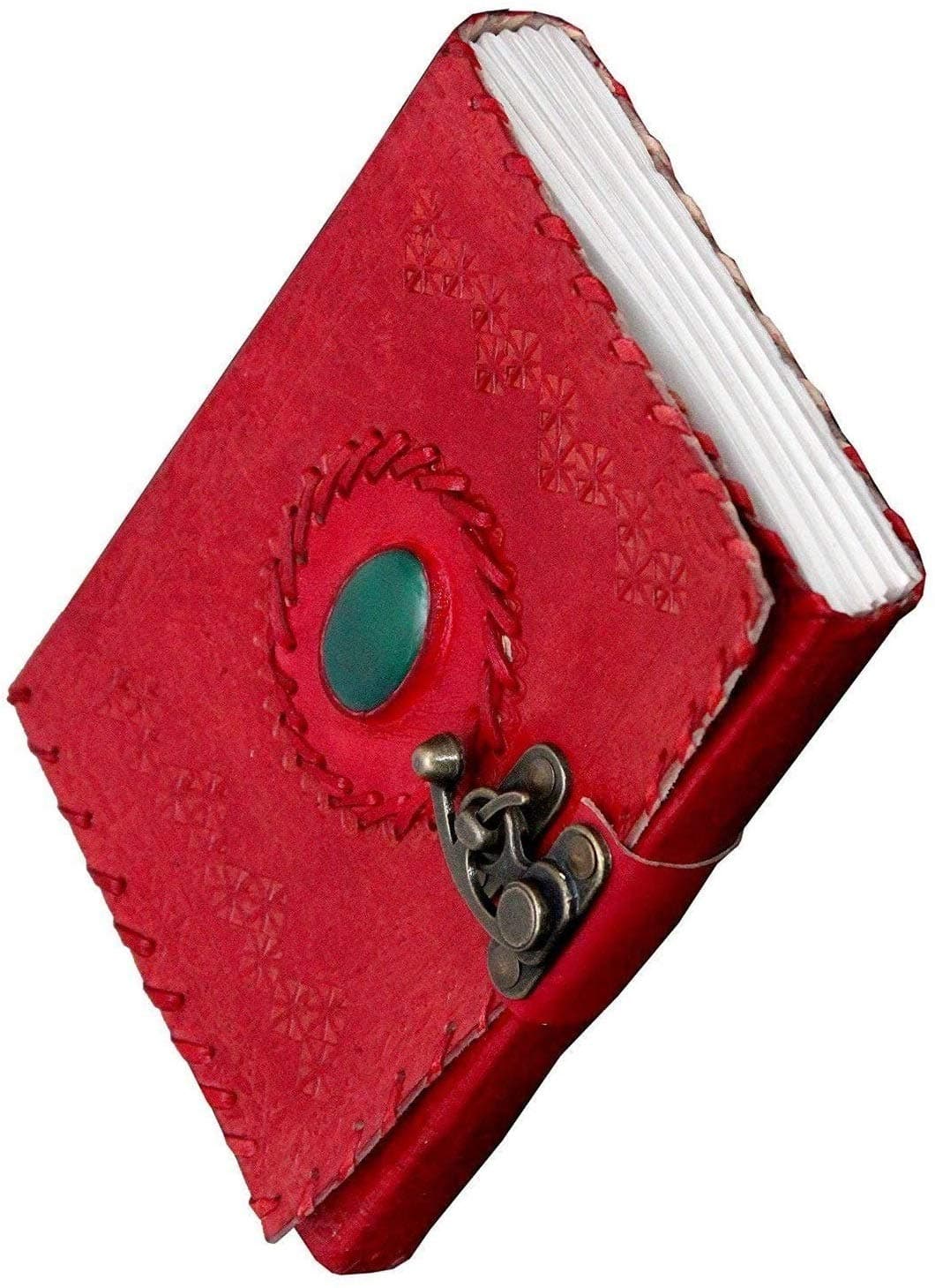 Prastara Pure Genuine Real Vintage Leather Handmade Paper Notebook Dairy | Stone Embosses Leather Diaries for Office Home to Write Poem Daily Update with Metal Lock 7 x 5 red color embossed handmade diary with metal lock