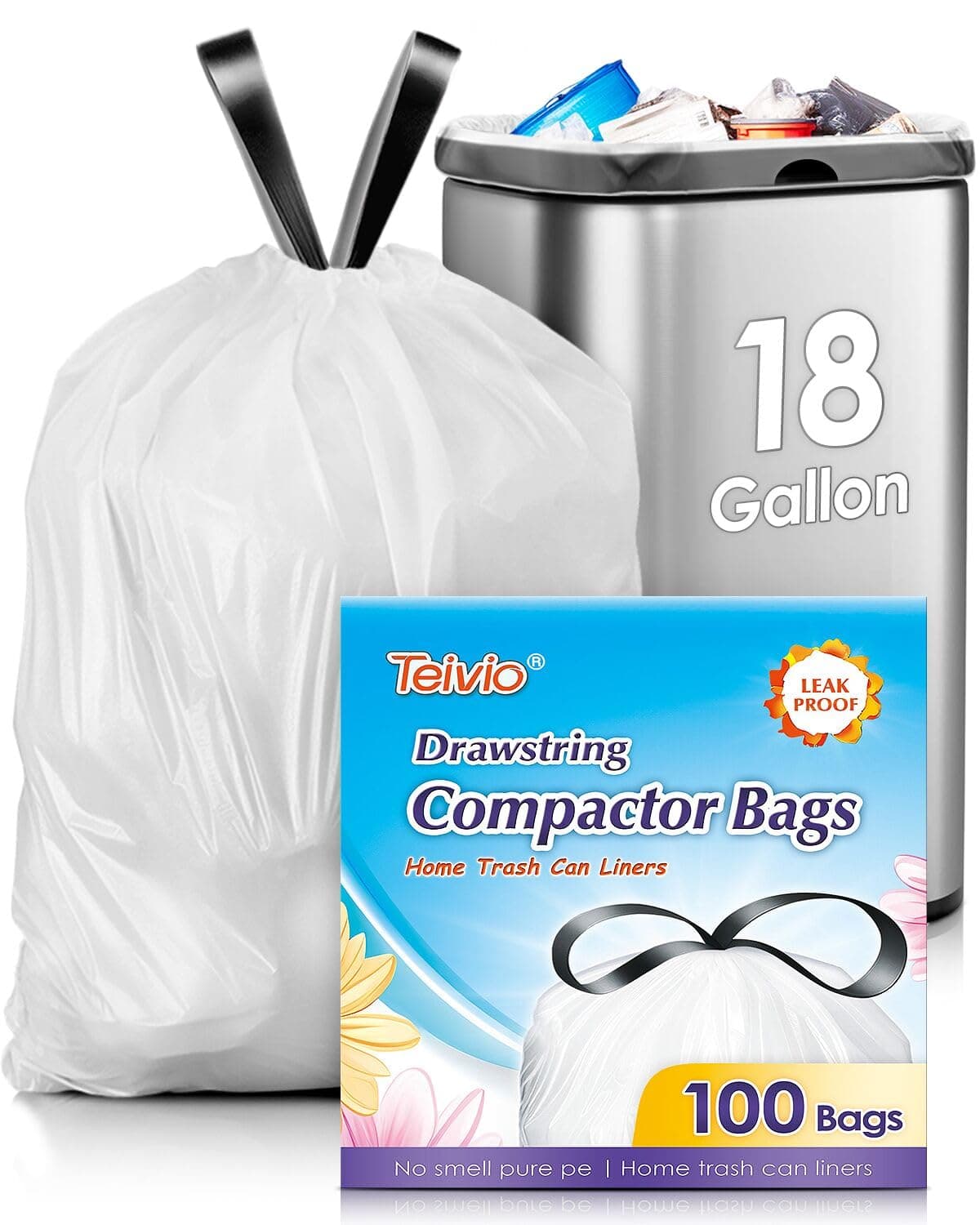 Teivio 18 Gallon 100 Counts (fit 16-18 Gal) Large Drawstring Trash Bags Strong Tall Kitchen Compactor Bags Garbage Bags for Home/Office/Light Residential Waste/Outdoor Trash Can, White Lawn Bags