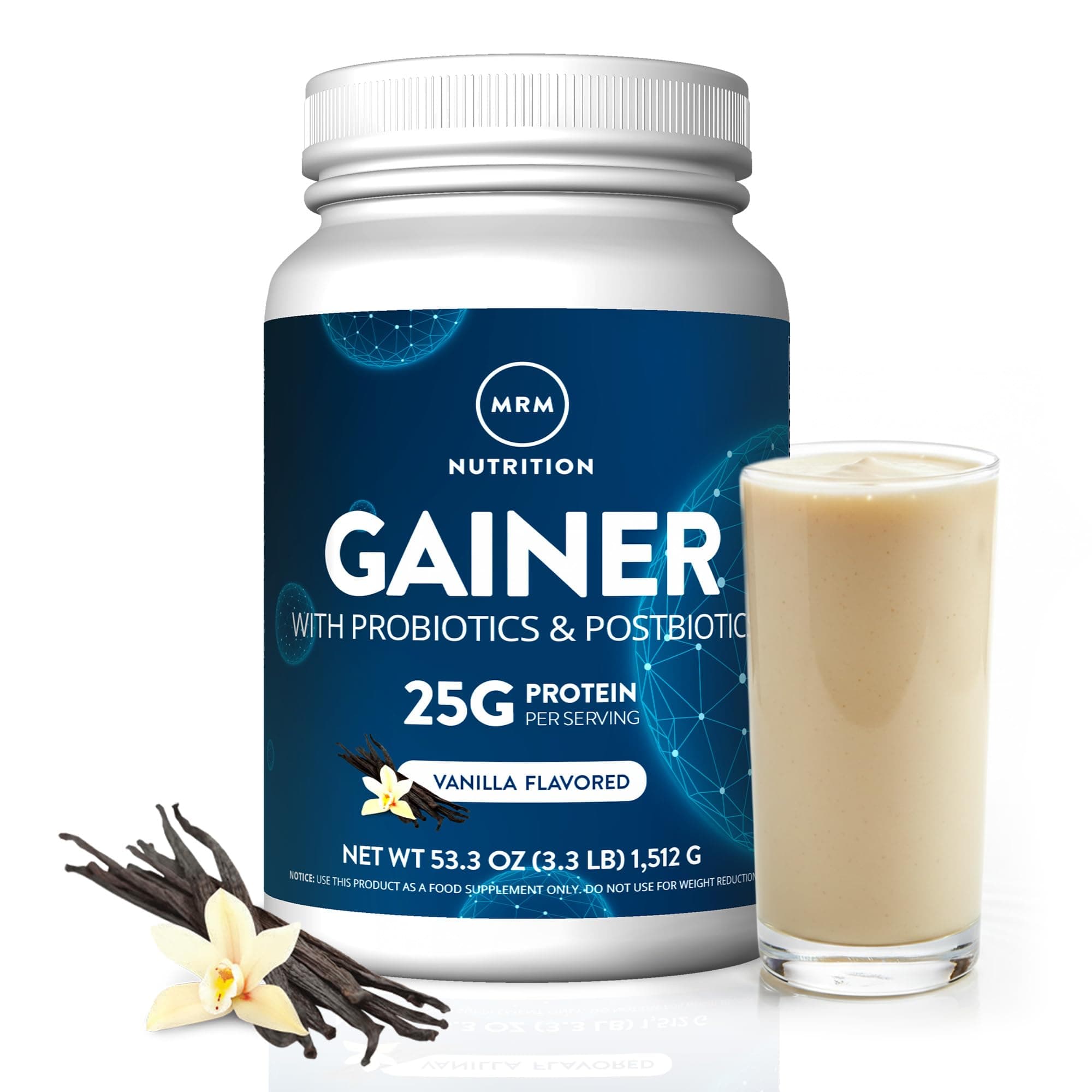 MRM Nutrition Gainer Protein with Probiotics & Postbiotics - Vanilla Flavored for Men & Women, 25g of Whey Protein Concentrate & Isolate, Micellar Casein, & Digestive Enzymes - 18 Servings