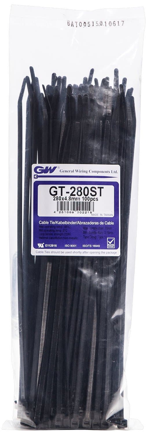 GW Wiring Products, Cable Tie 280 x 4,8 mm, Black, 100 pcs, GT-280STBC, Set of 100 Pieces