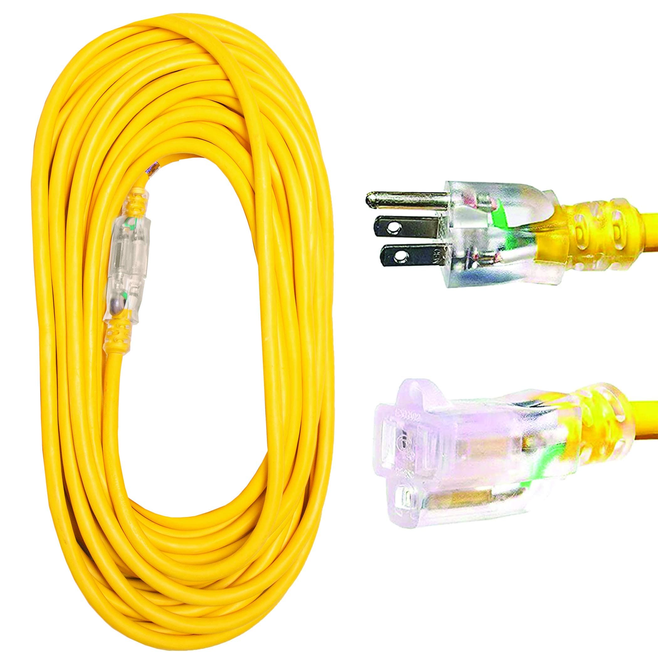 12 Gauge Extension Cord 50 ft, Weatherproof 12/3 Heavy Duty Outdoor Extension Cord 50’ SJTW 3 Prong, Lighted Plug Yellow Cable 15 Amp for Major Appliances & Garden Tools - US Veteran Owned