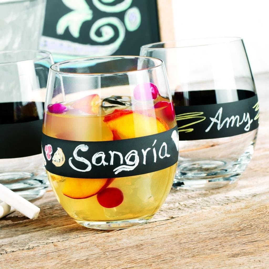 Set of 4 Chalkboard Stemless Glasses 16-oz ~ Four Unique Personalized Write on Clear Drinking Glasses Party Set, Chalk Included
